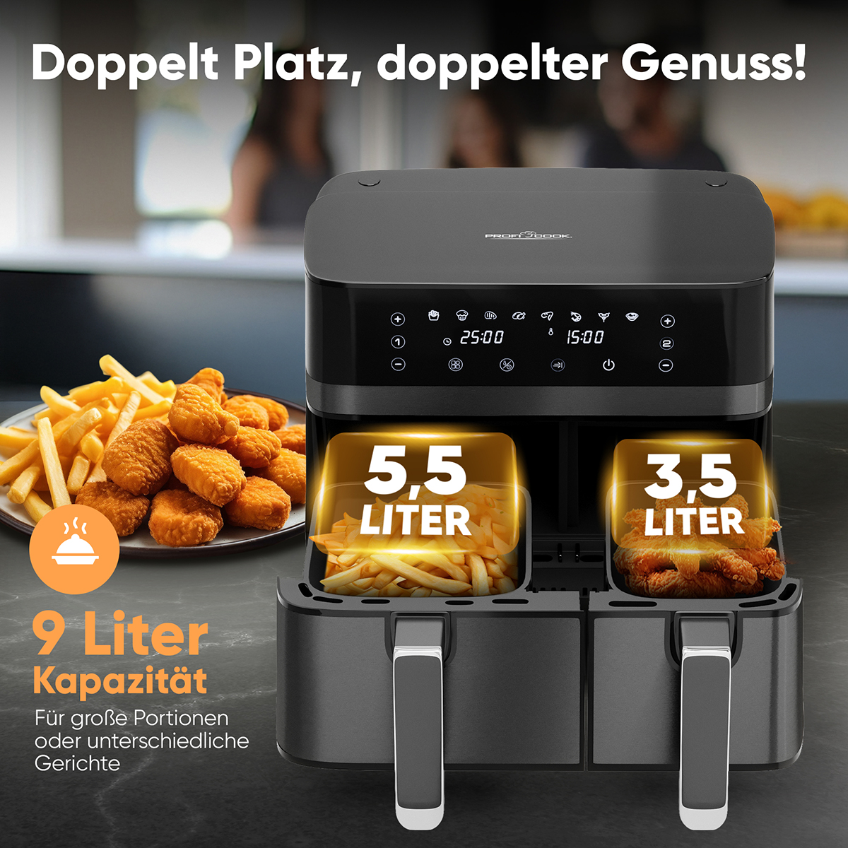 Czarna frytkownica powietrzna z dwoma koszami, smażonym jedzeniem i panelem sterowania.