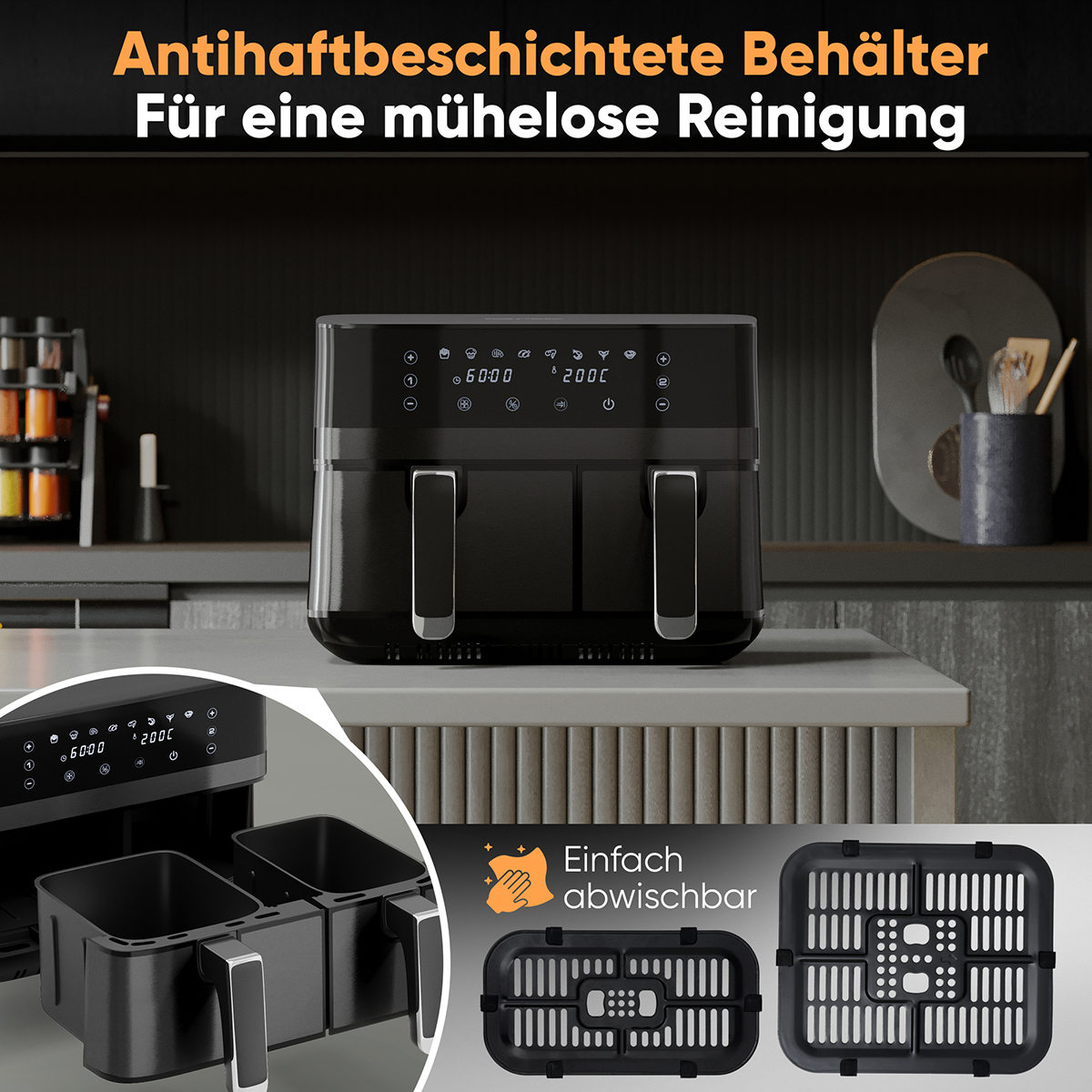 Czarna frytkownica powietrzna z odłączanymi częściami. Tekst: 'Antihaftbeschichtete Behälter'.