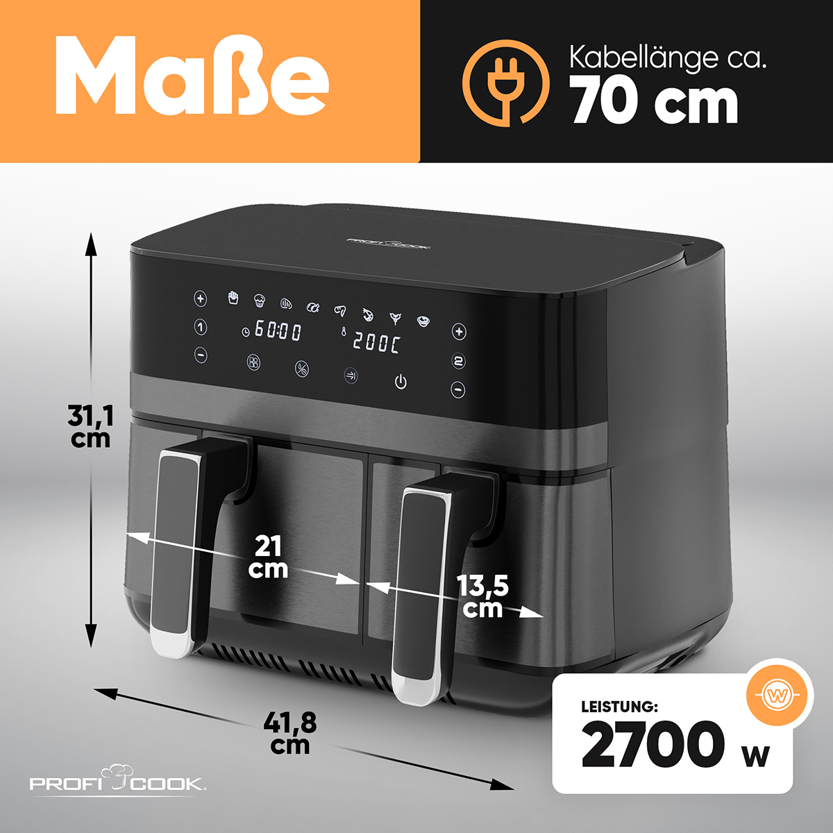 Czarna frytkownica powietrzna, wymiary i dane dotyczące zasilania. Tekst: 'Maße', 'Leistung'.