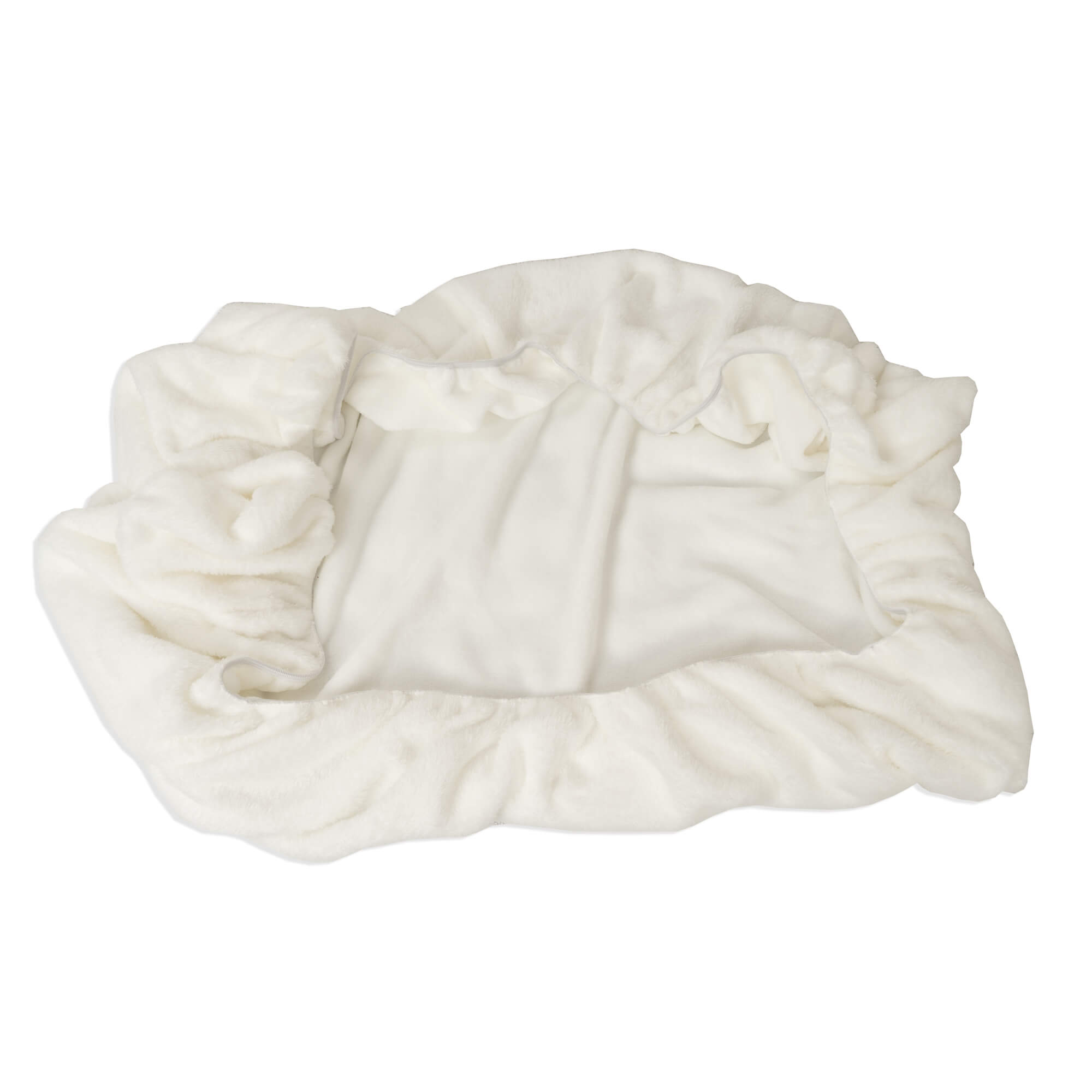 Cama para mascotas blanca y esponjosa con forma circular, vista desde arriba.