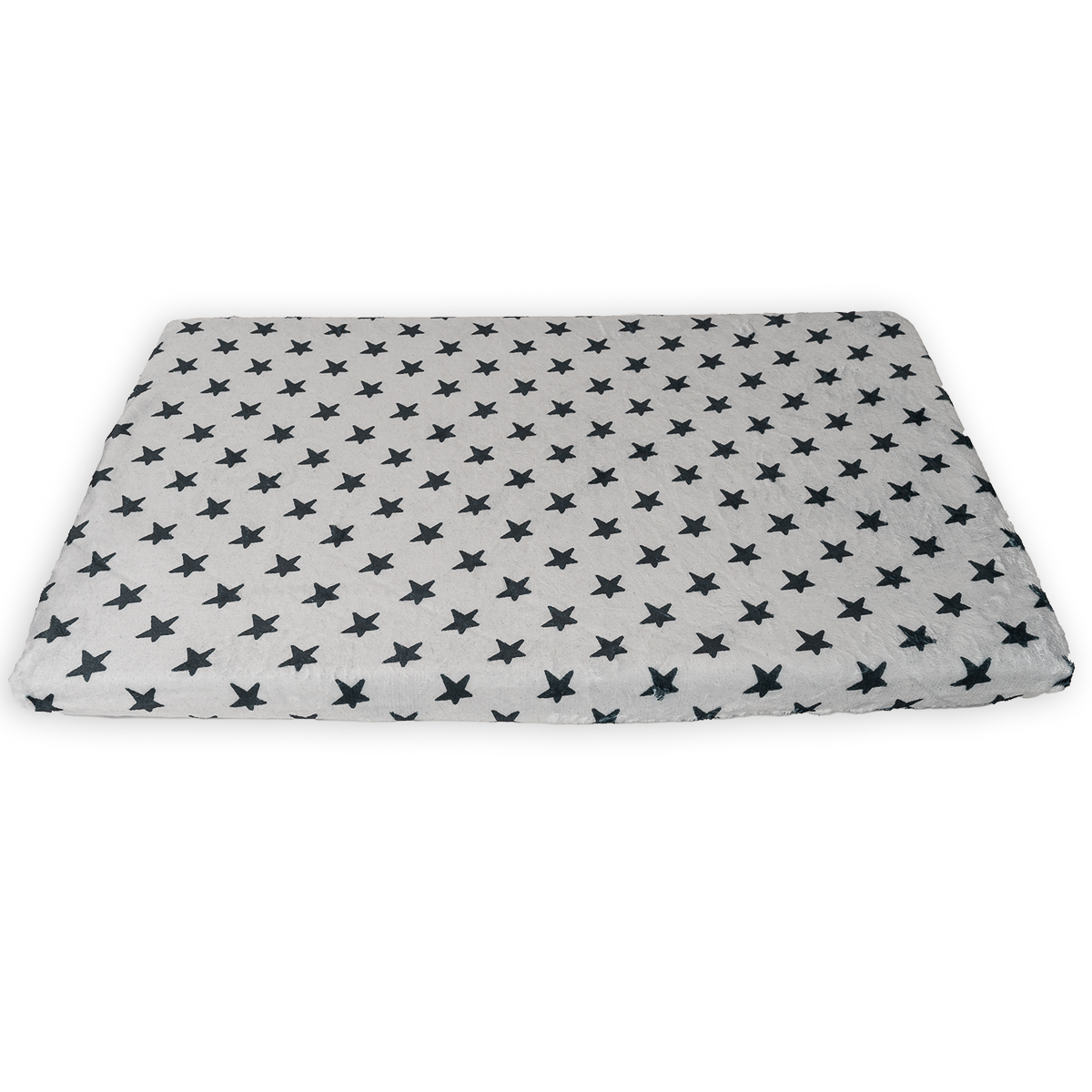 Manta blanca y gris con estrellas sobre fondo blanco.
