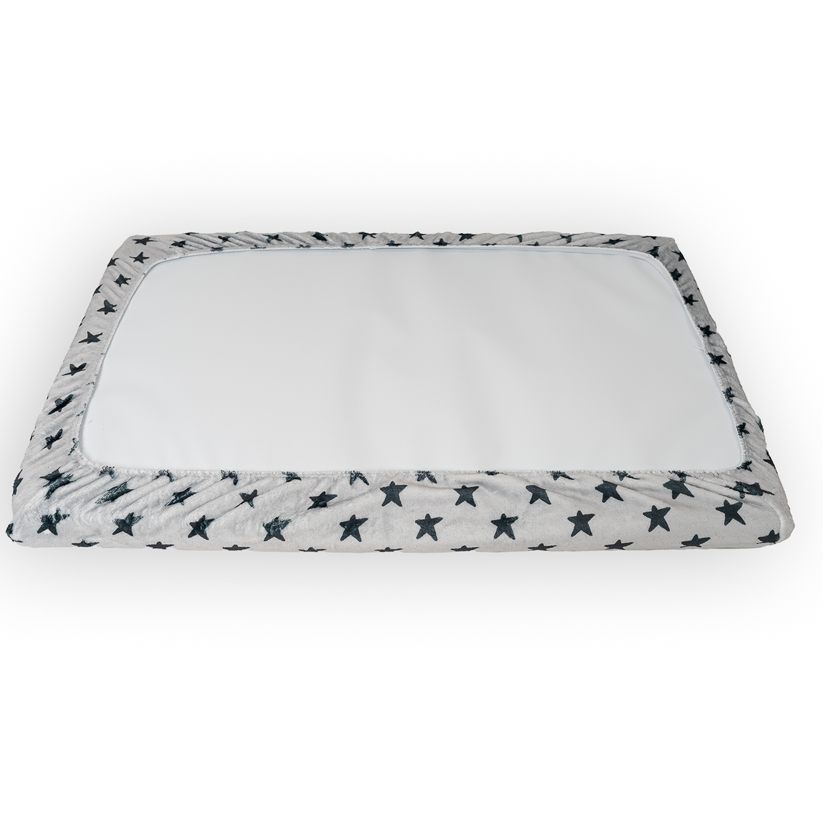 Una sábana ajustable con centro blanco y borde gris con patrones de estrellas azules.