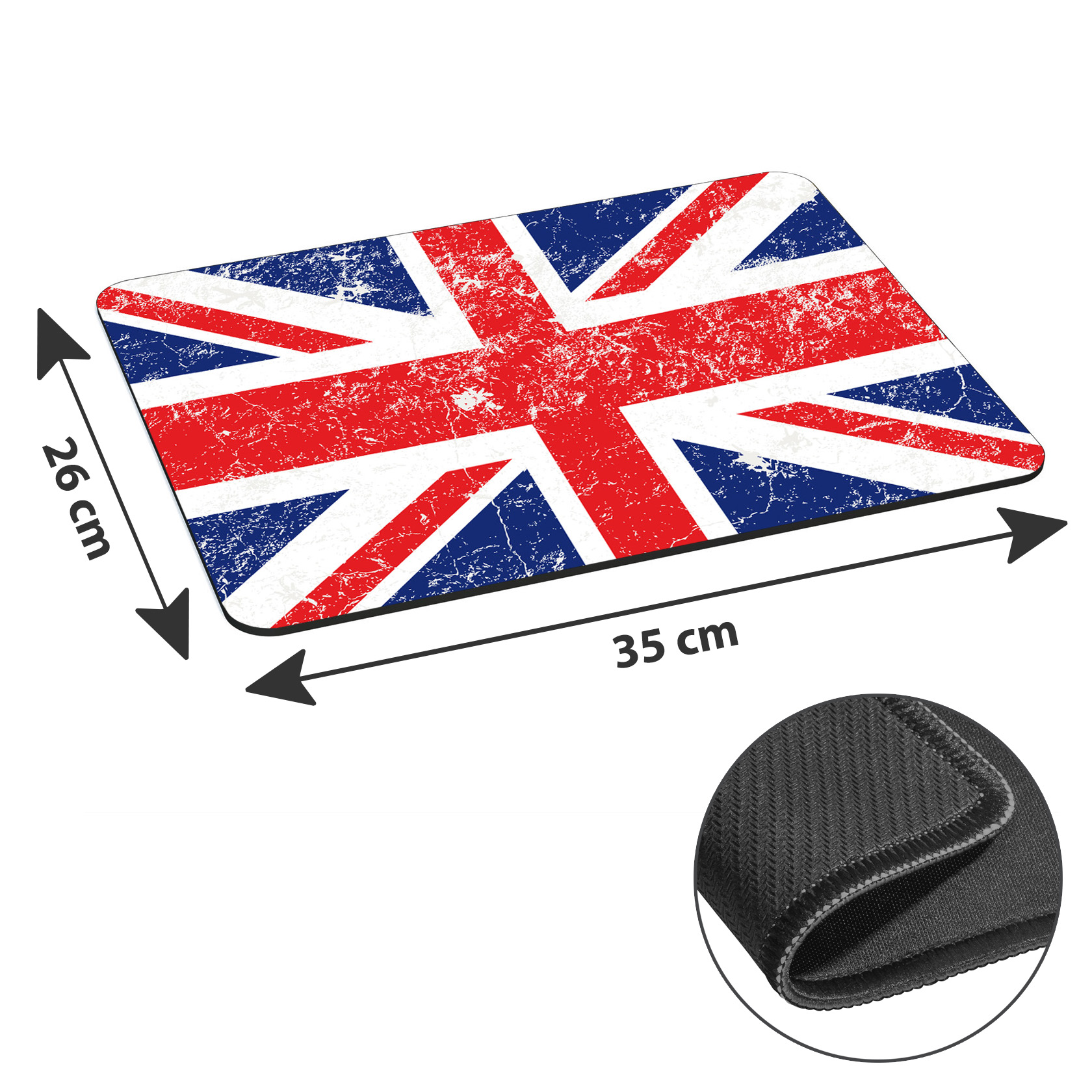 Mauspad mit Union Jack, mit Abmessungen und Nahaufnahme der rutschfesten Basis.