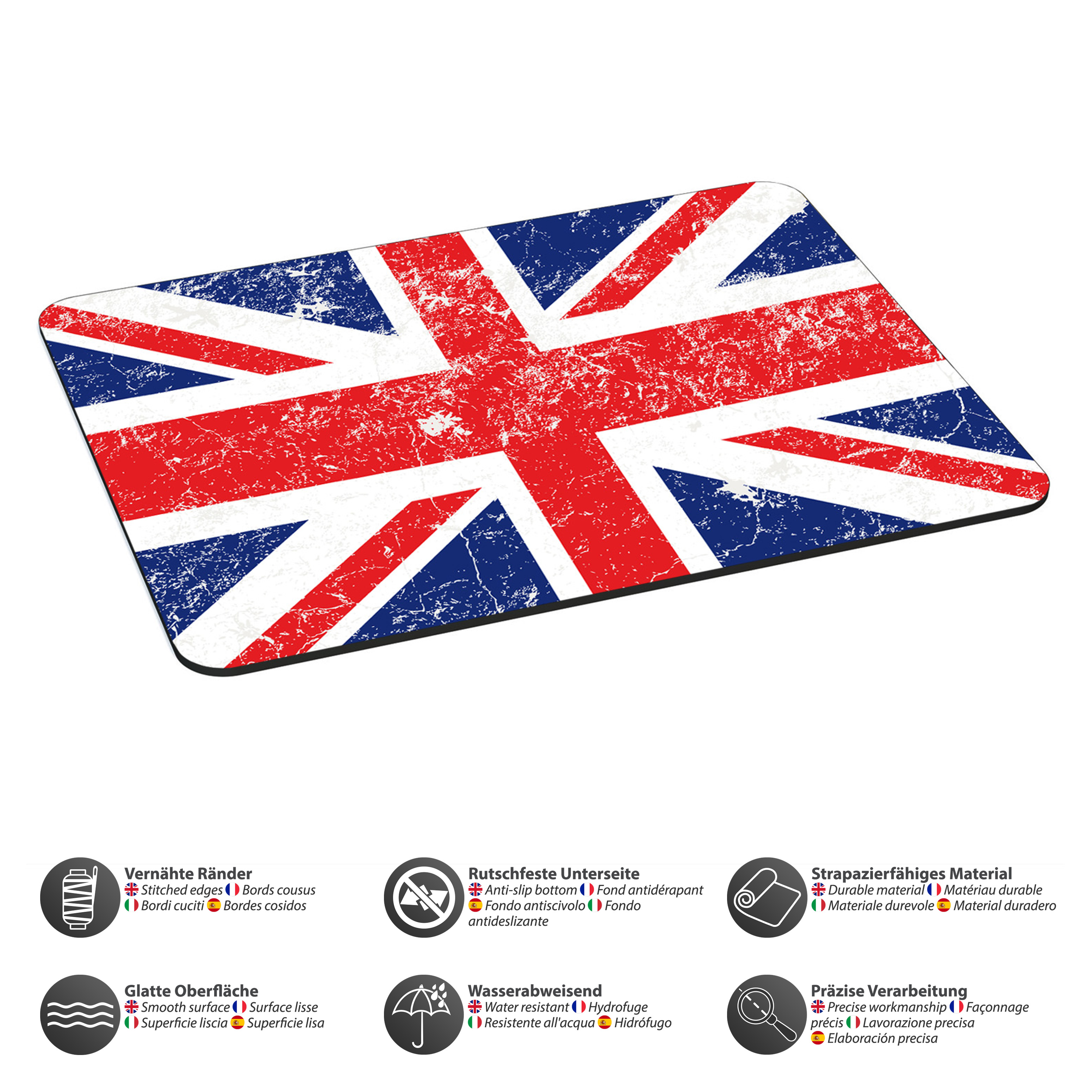 Ein Mauspad mit dem Union Jack-Flaggen-Design. Zu den Merkmalen gehören vernähte Kanten und eine glatte Oberfläche.