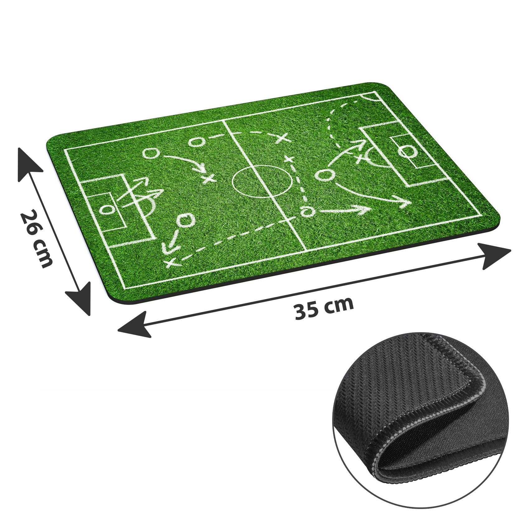 Ein grünes Mousepad mit einem Fußballfeld-Design mit Maßen.
