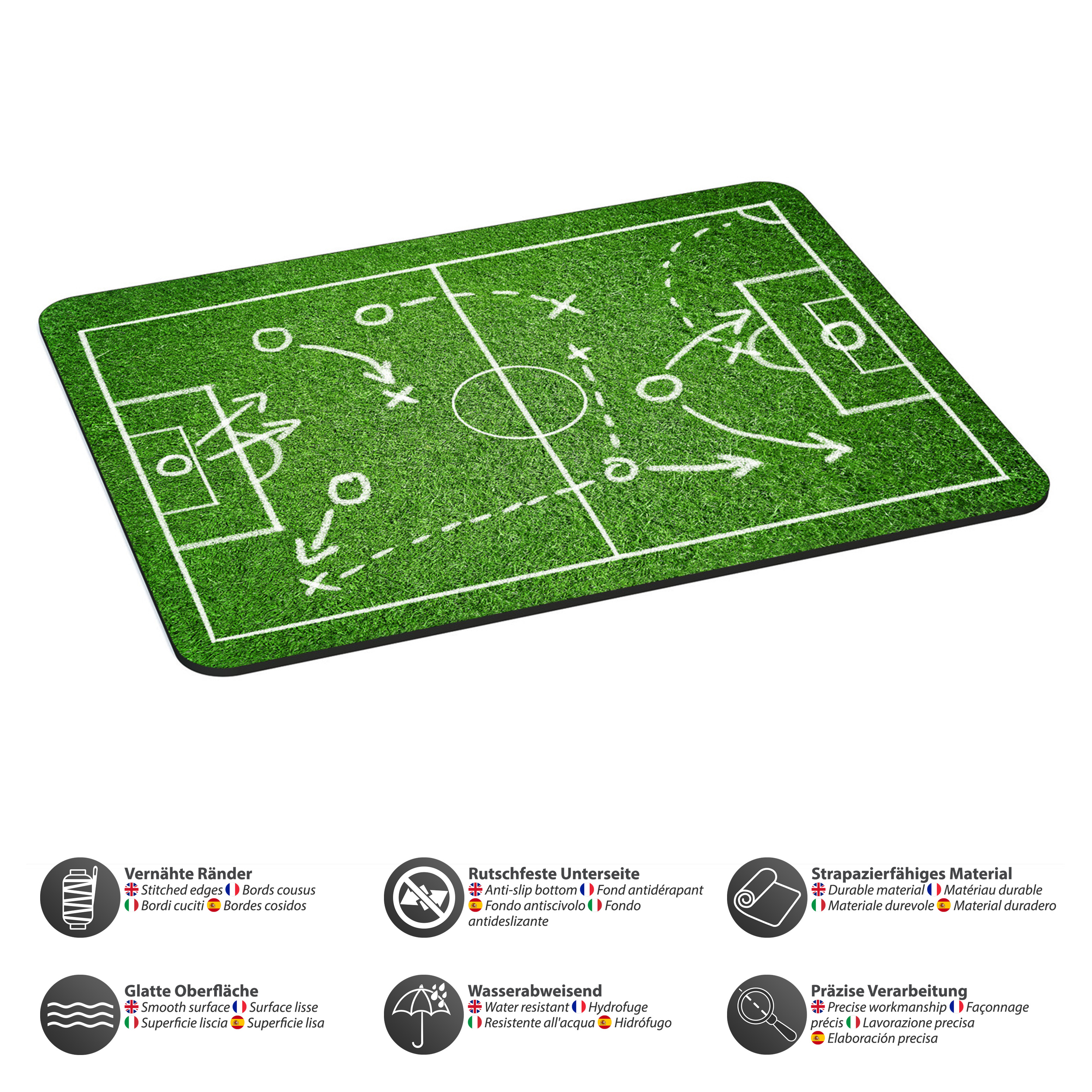 Mauspad im grünen Fußballfeld-Design mit weißen Linien und Diagrammen sowie Text zu den Eigenschaften.