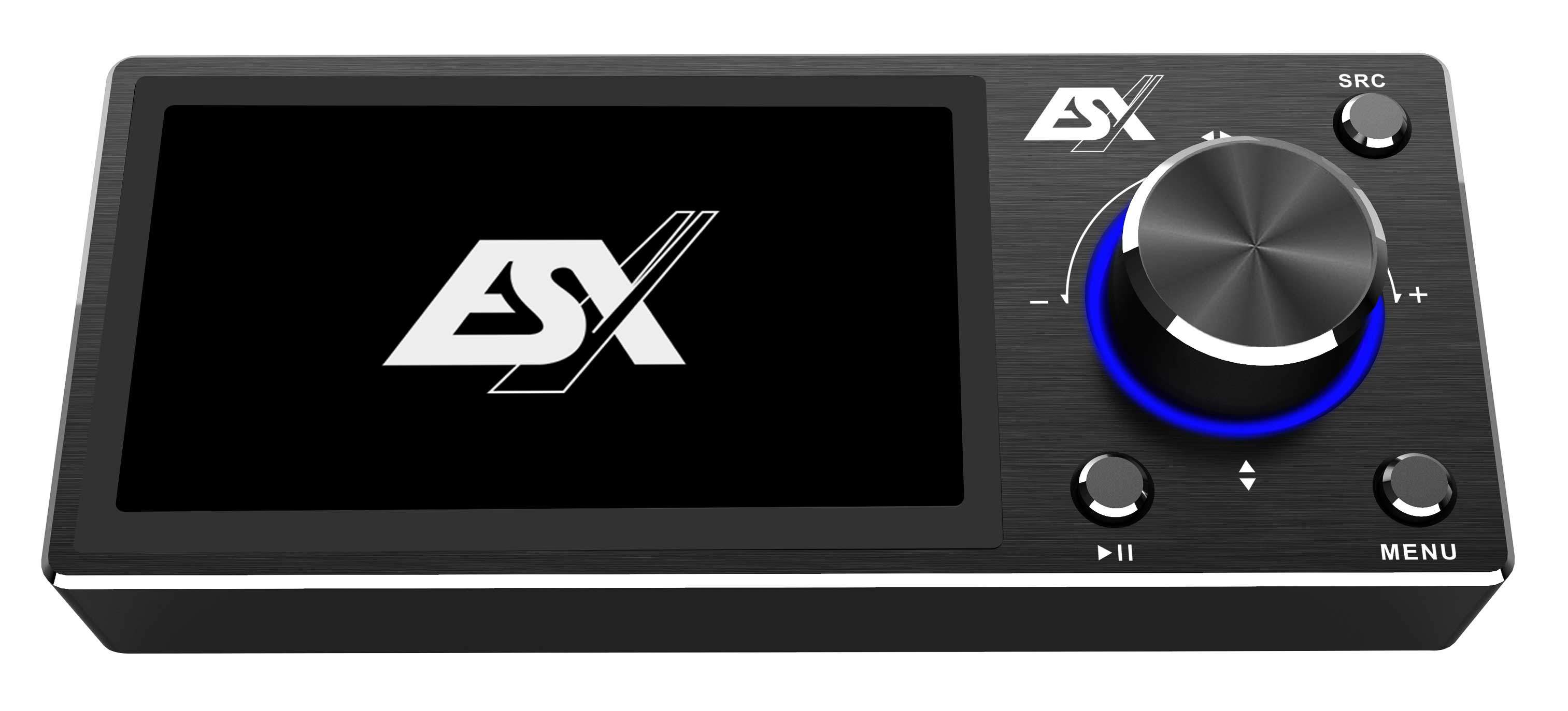 Ein schwarzes Autoradio mit Touchscreen. Der Bildschirm zeigt den Text "ESX".