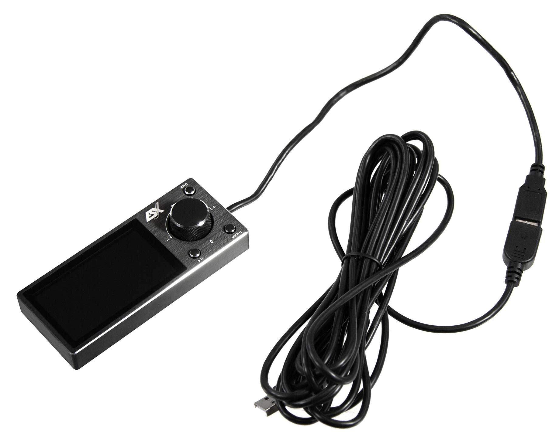 Schwarzes Gerät mit Bildschirm, Drehregler und Kabel mit USB-Anschluss.
