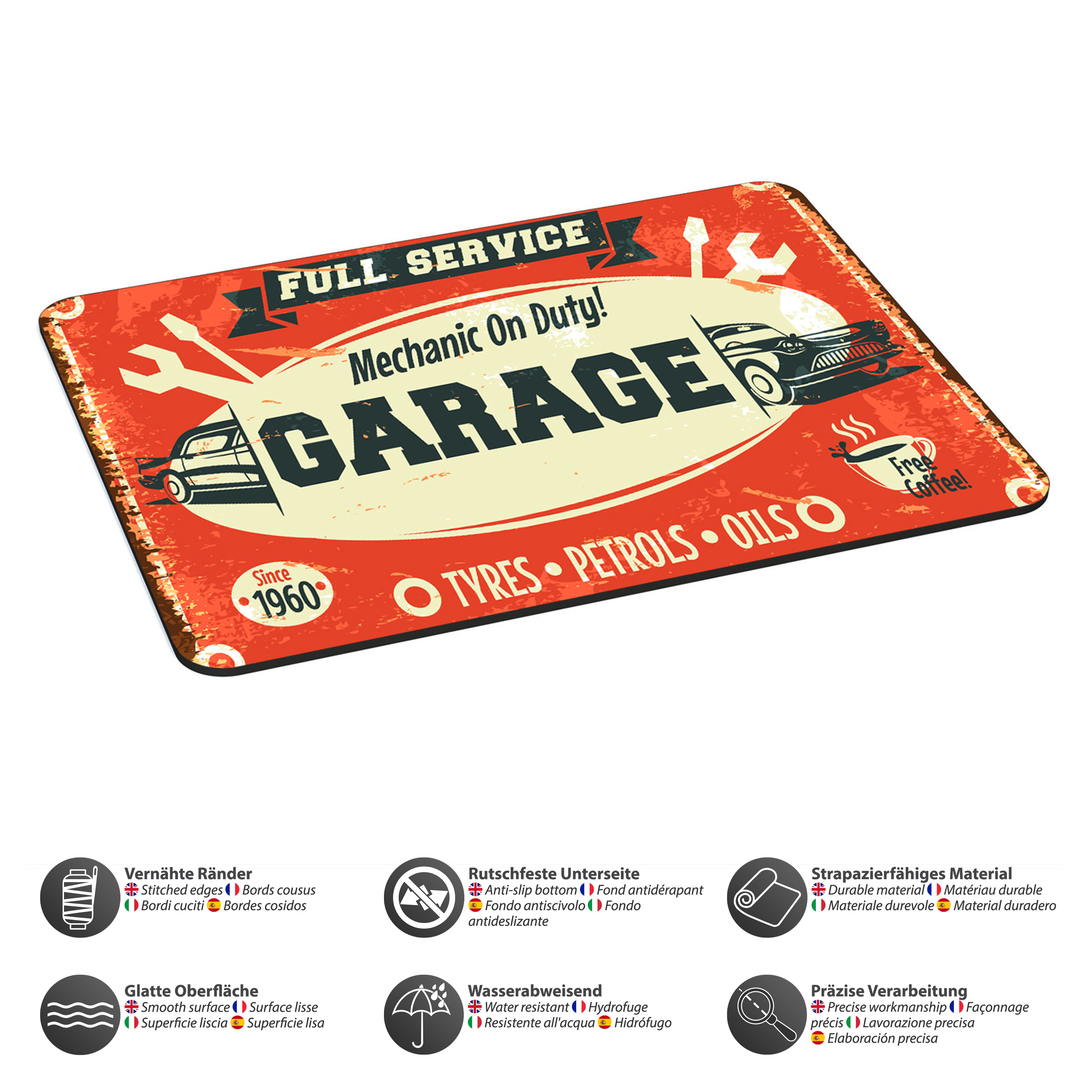 Garage-Metallschild mit Autos und Werkzeugen. Rot und weiß.