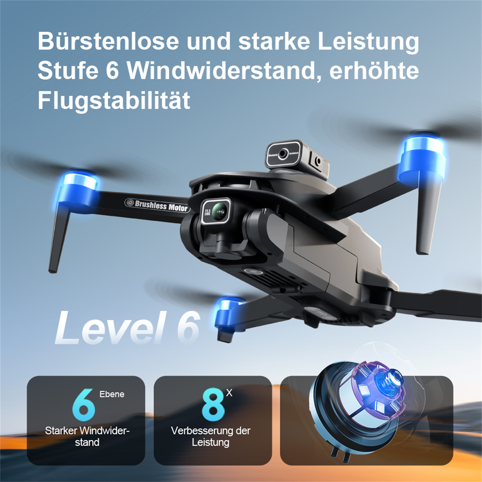 Eine schwarze Drohne mit blauen Lichtern an den Armen, Textlabels und einer Kamera. Die Drohne ist im Flug.