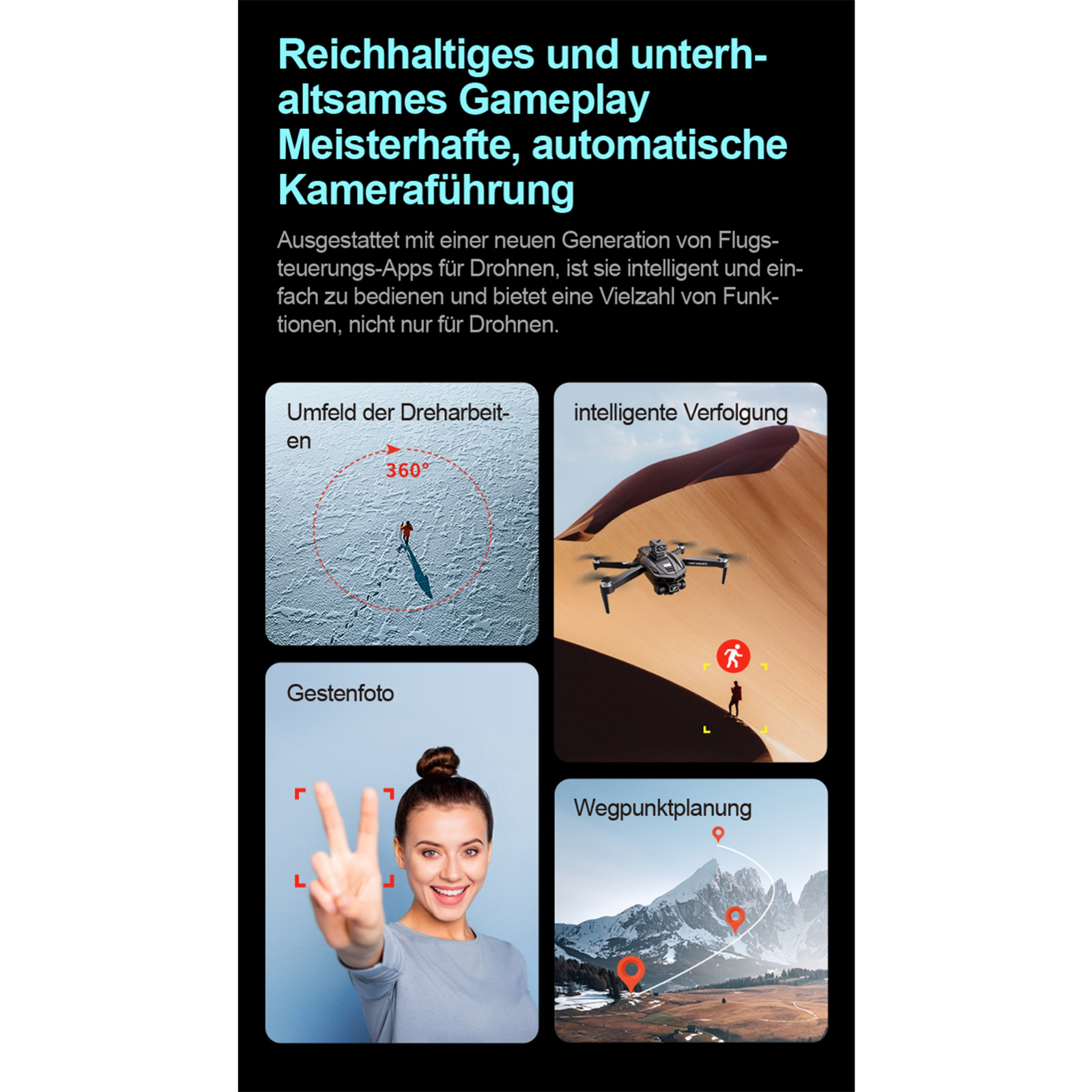 Bilder, die Drohnenfunktionen zeigen: eine Drohne, eine Person, eine Karte und eine Person mit zwei hochgestreckten Fingern.