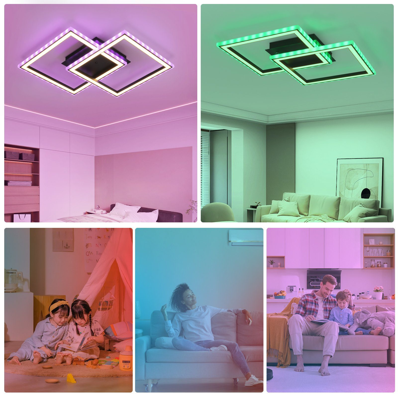 Múltiples imágenes muestran luces de techo modernas en diferentes entornos de habitación. Las luces son cuadradas y de colores.