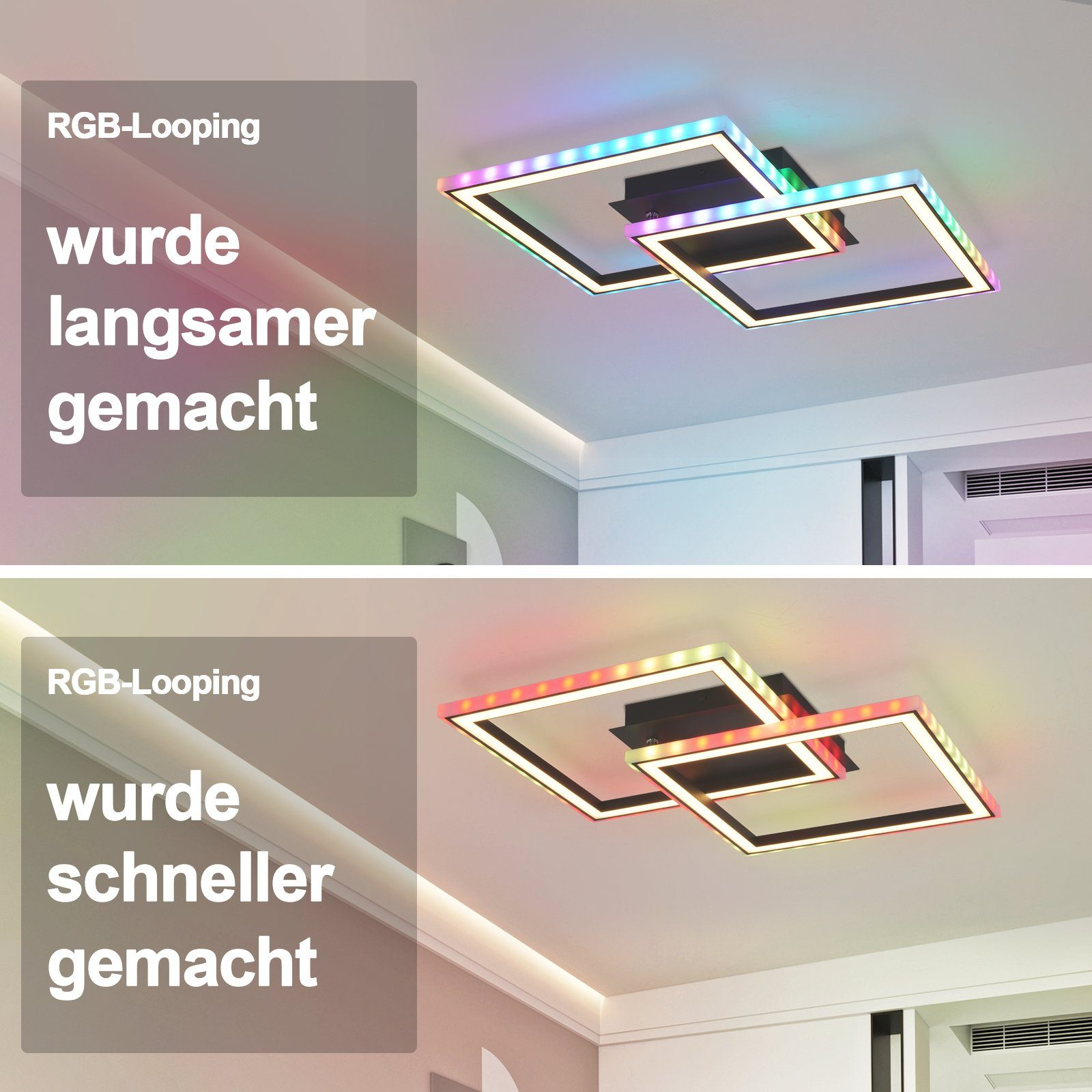 Dwa światła sufitowe pokazujące zmiany kolorów. Jeden pokazuje powolne, drugi szybkie efekty pętli RGB.