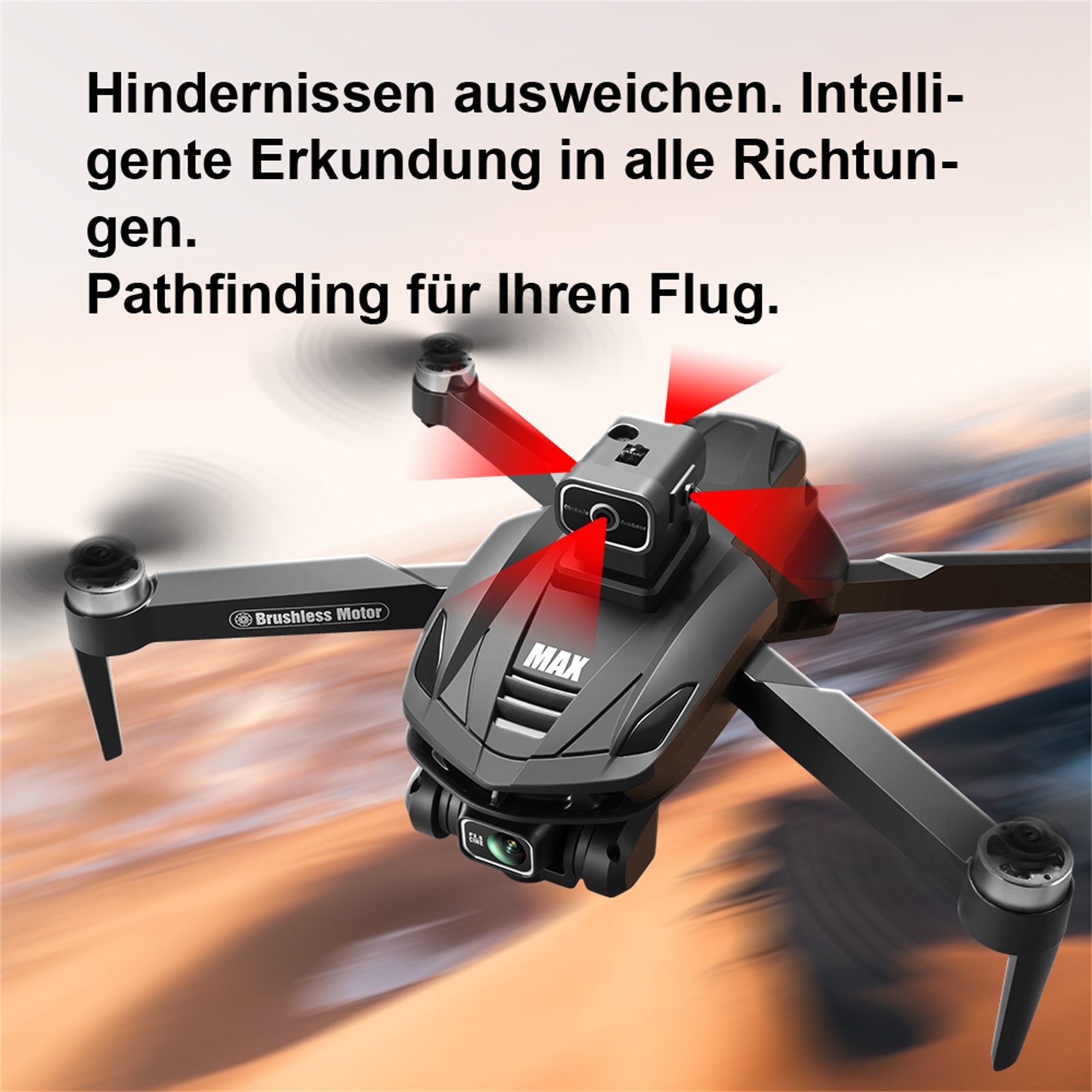 Eine Drohne mit Kamera, rote Linien zeigen die Erkennung, und ein schwarzer Körper.