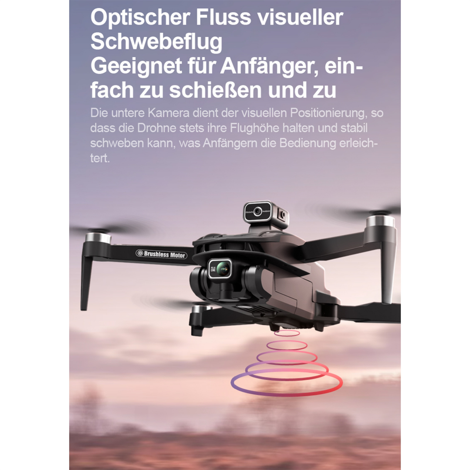 Eine schwarze Drohne mit Kamera und Text über ihre Funktionen, mit einer Grafik.