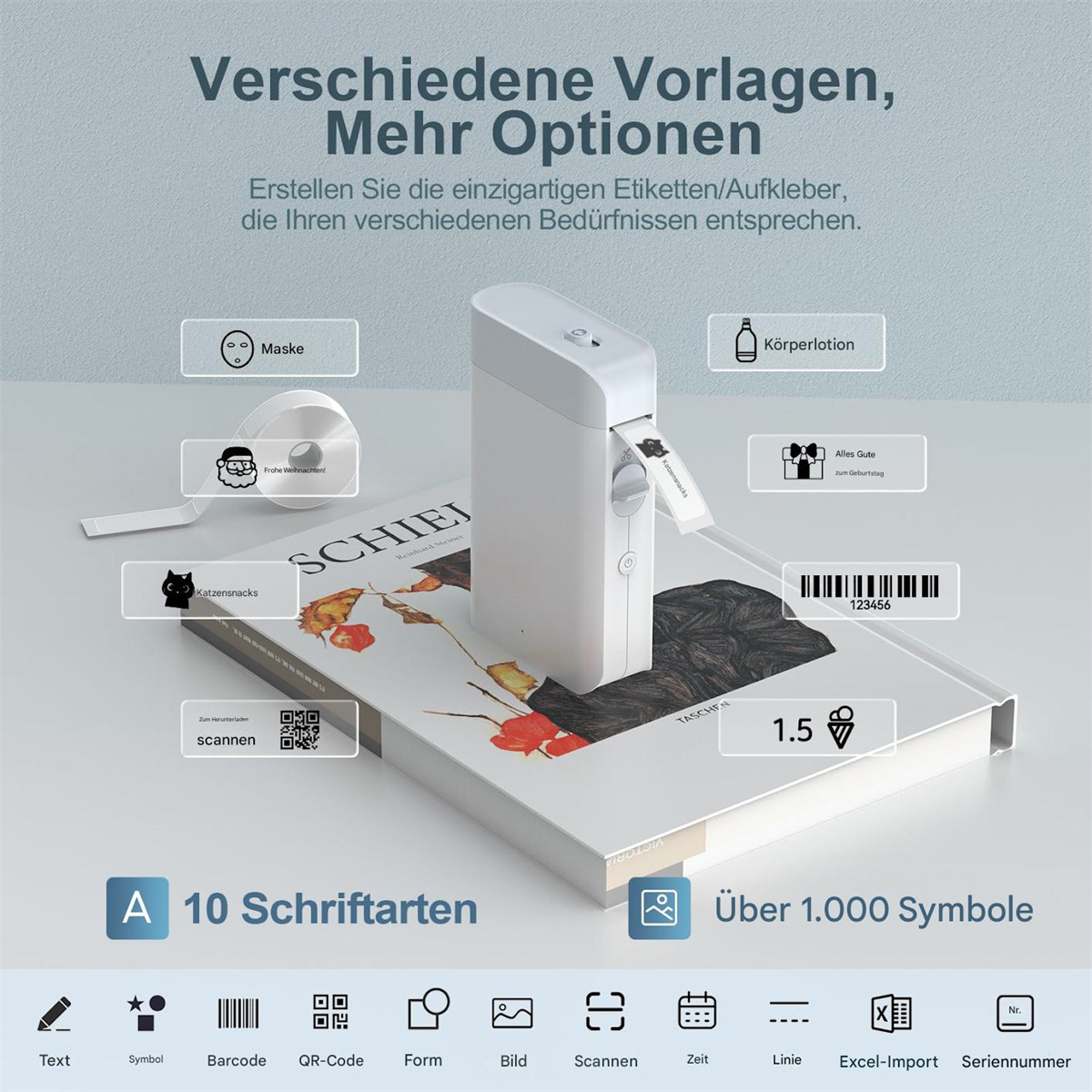 Ein weißer Etikettendrucker und verschiedene Etiketten. Text: Verschiedene Vorlagen, Mehr Optionen. Symbole.