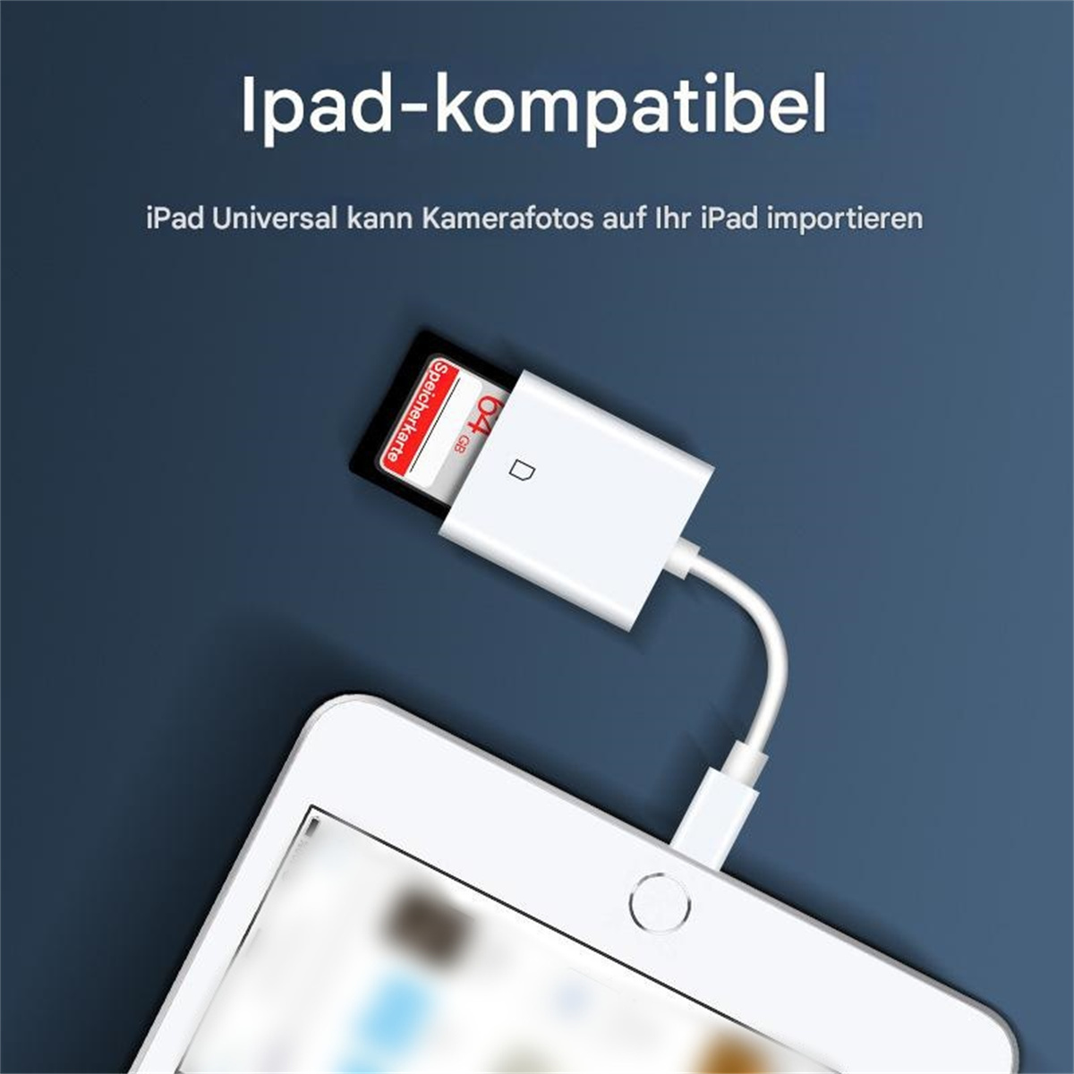 Weißer iPad-Adapter mit eingesetzter SD-Karte, verbunden mit Kabel.