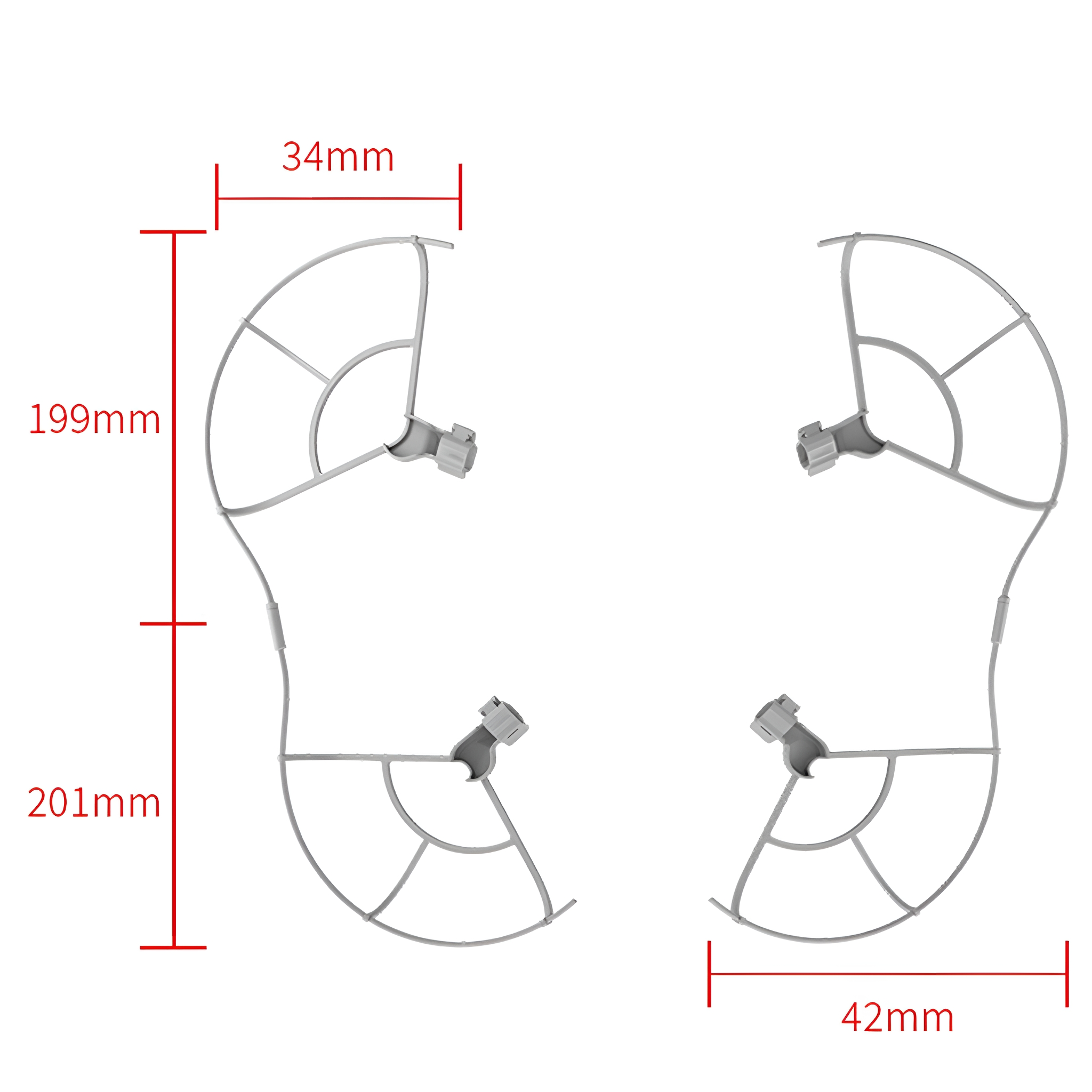 Zwei Drohnen-Propellerschutzvorrichtungen mit Maßen: 199 mm Länge, 34 mm Breite und 42 mm Breite.