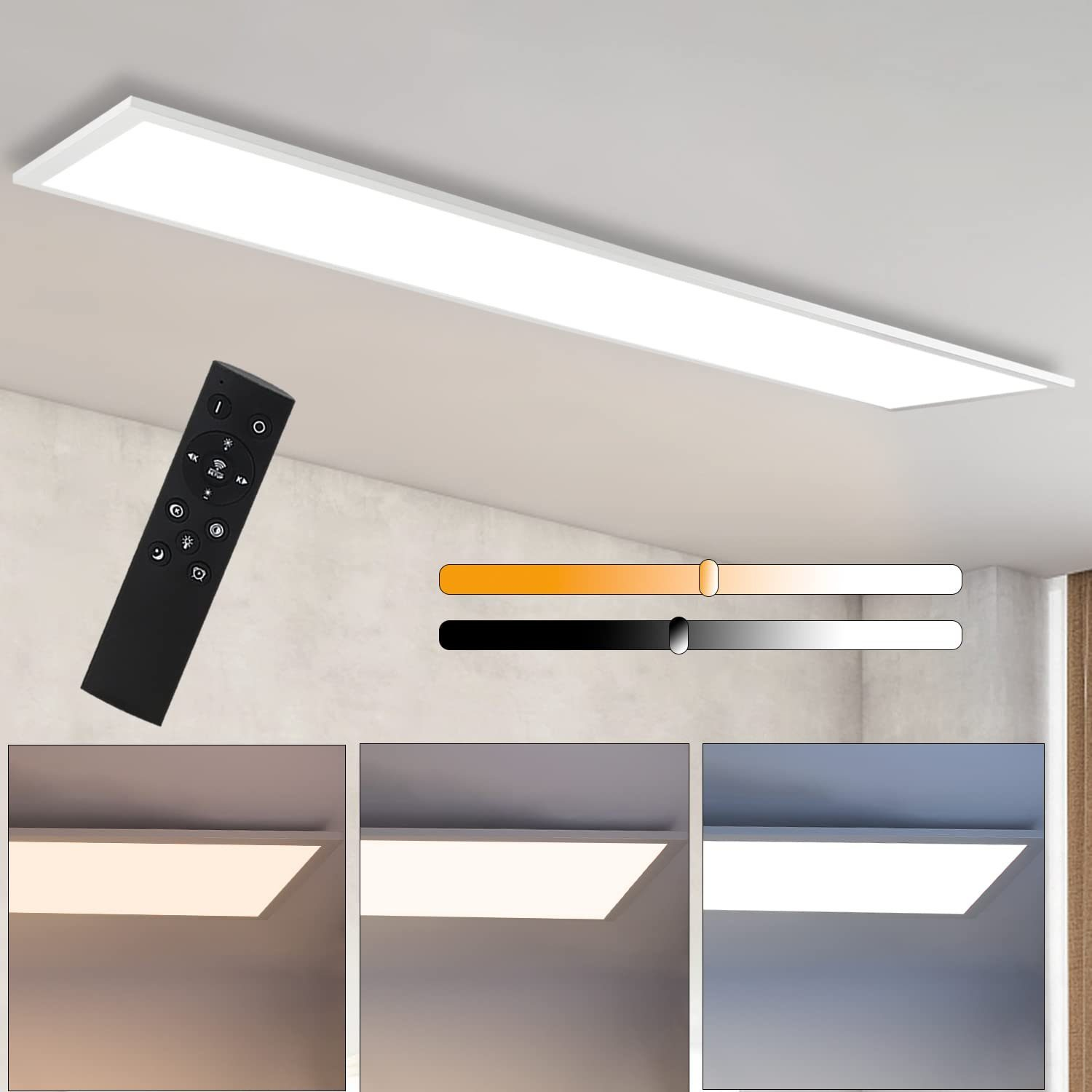 Una lunga plafoniera a LED bianca e un telecomando nero. Anche esempi di temperatura colore.
