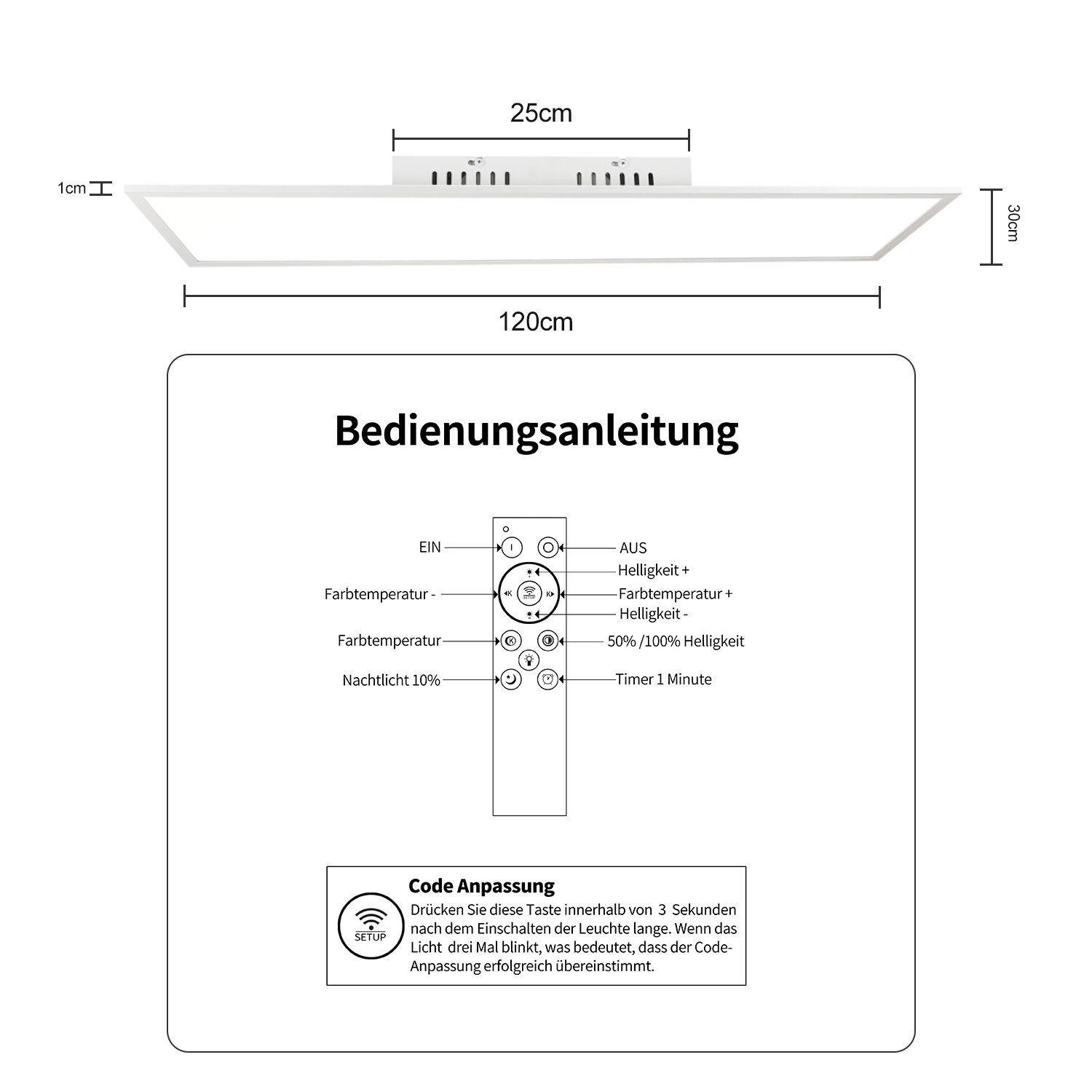Un pannello LED bianco con una guida al telecomando. Le dimensioni sono espresse in centimetri.
