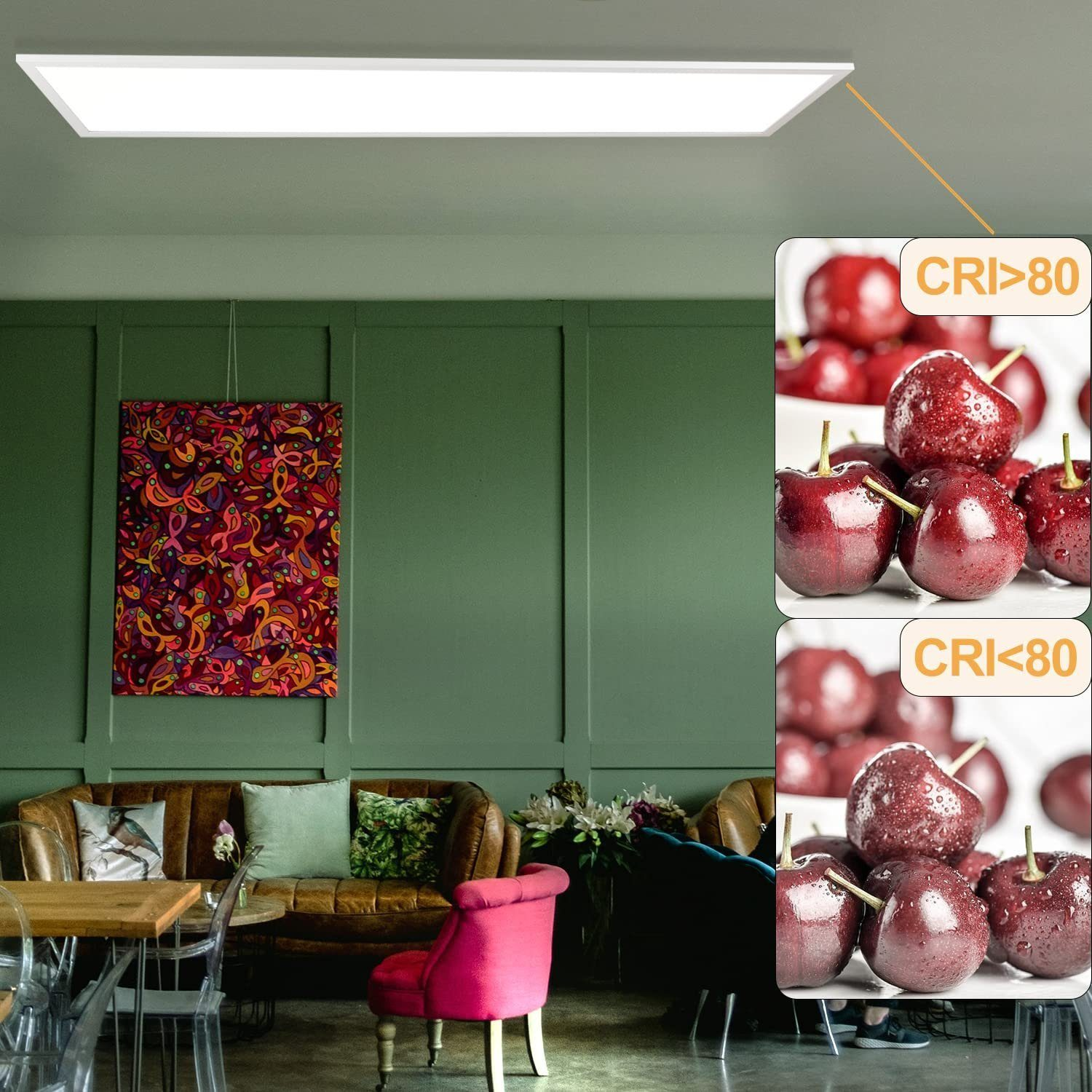 Una plafoniera a LED lunga e piatta con sfondo di stanza verde e un primo piano di ciliegie rosse.