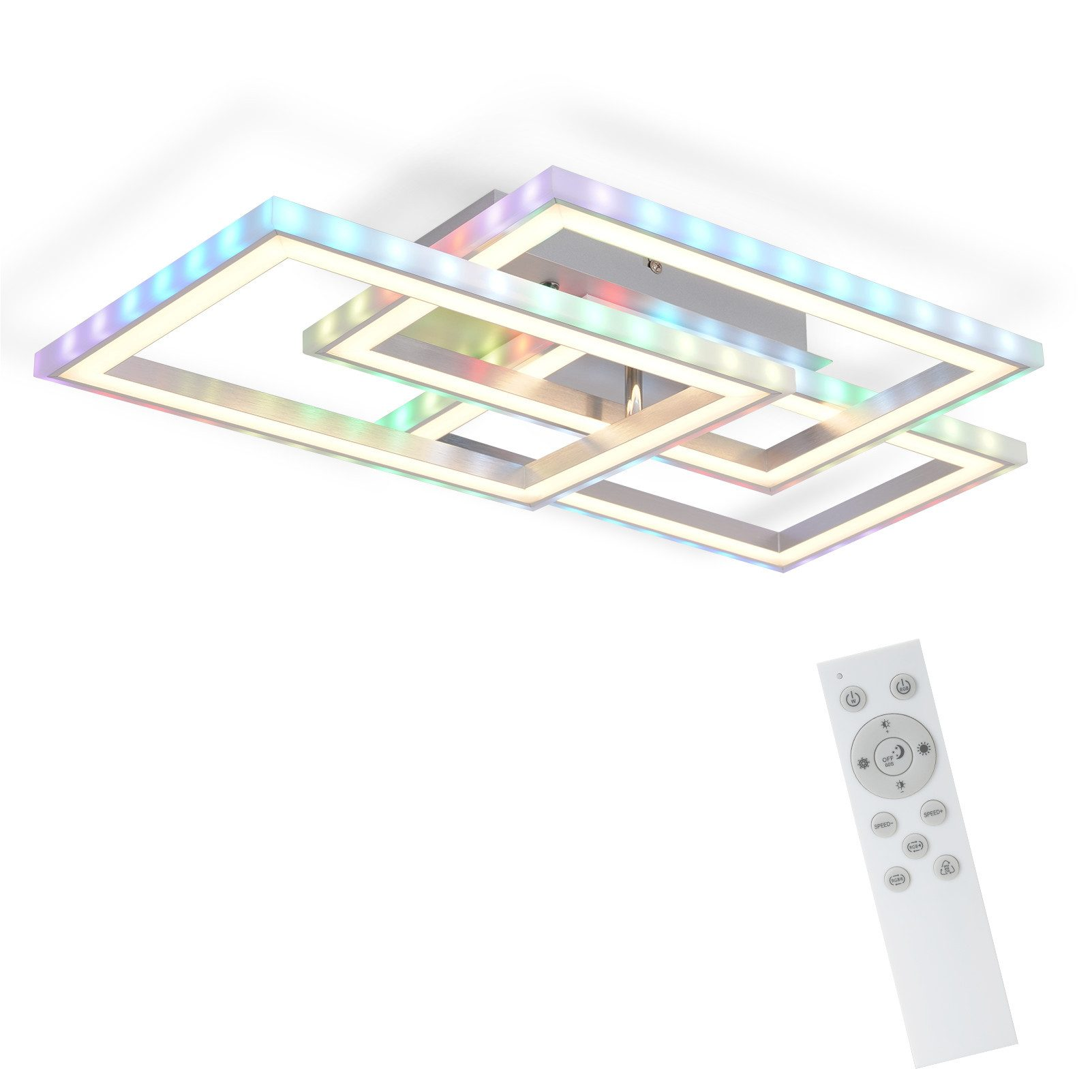 Nowoczesna lampa sufitowa z kolorowymi światłami RGB, pilotem. Geometryczny design.