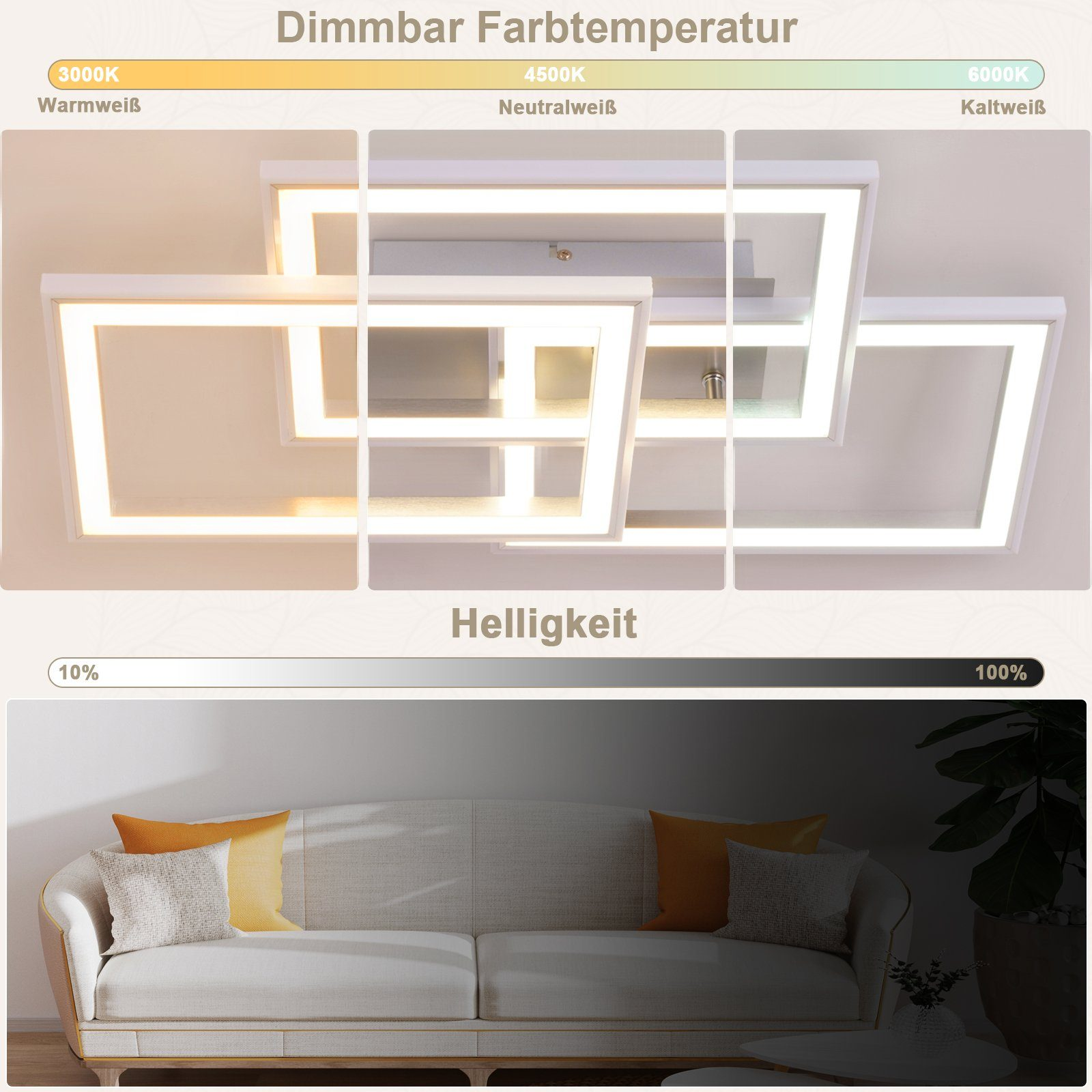 Plafoniera moderna con temperatura colore e luminosità regolabili, con divano e cuscini sottostanti.