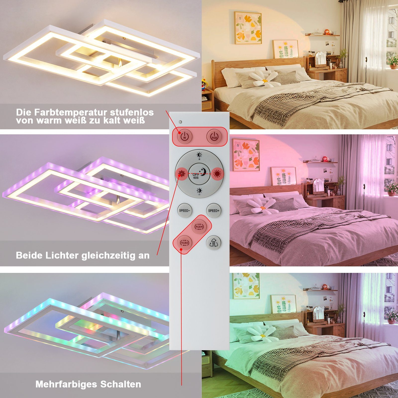 Viene mostrato un telecomando con pulsanti rossi. L'immagine mostra uno schema di illuminazione multicolore.