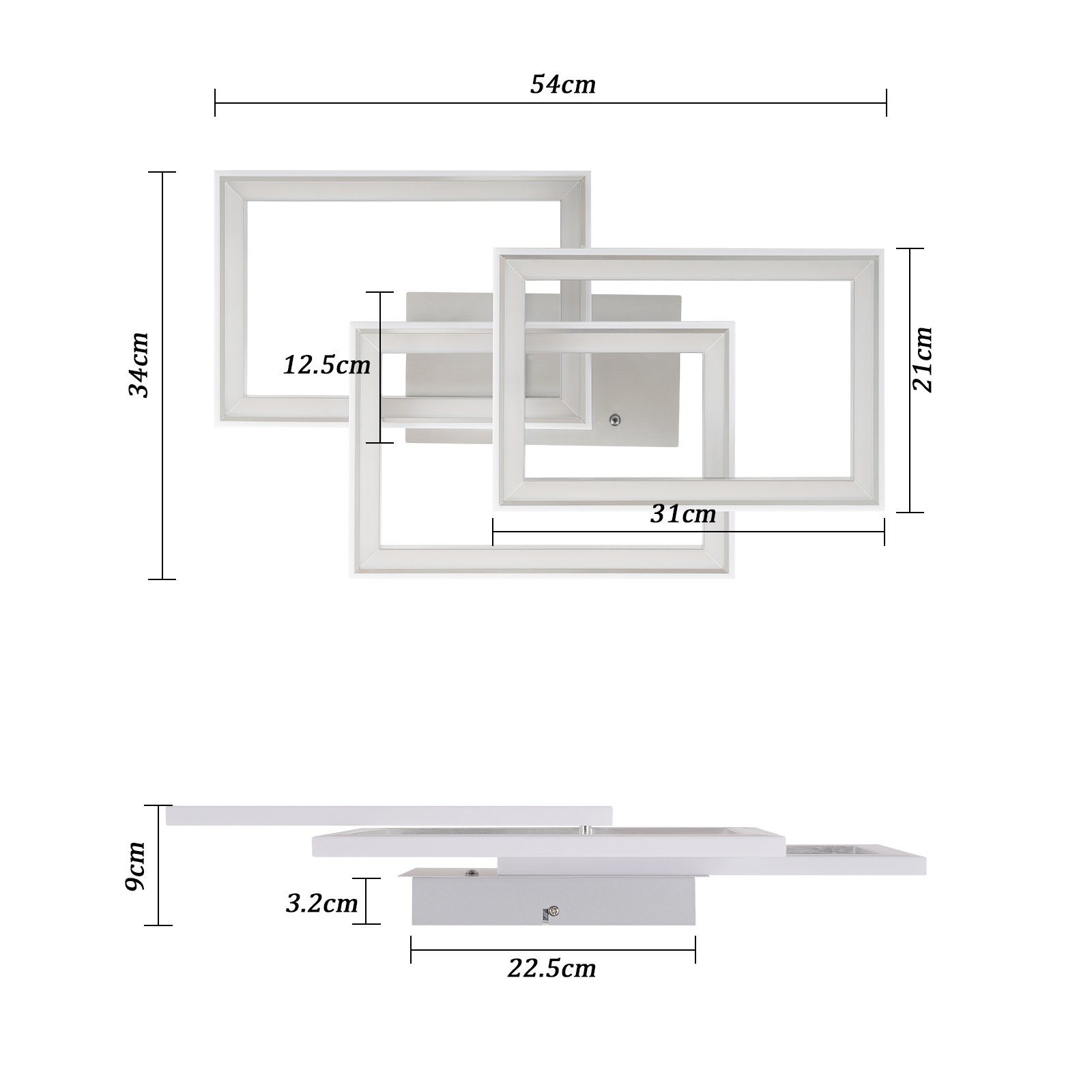 Diagrammi della vista dall'alto e laterale che mostrano le dimensioni di un apparecchio di illuminazione a soffitto geometrico bianco, con misure in cm.