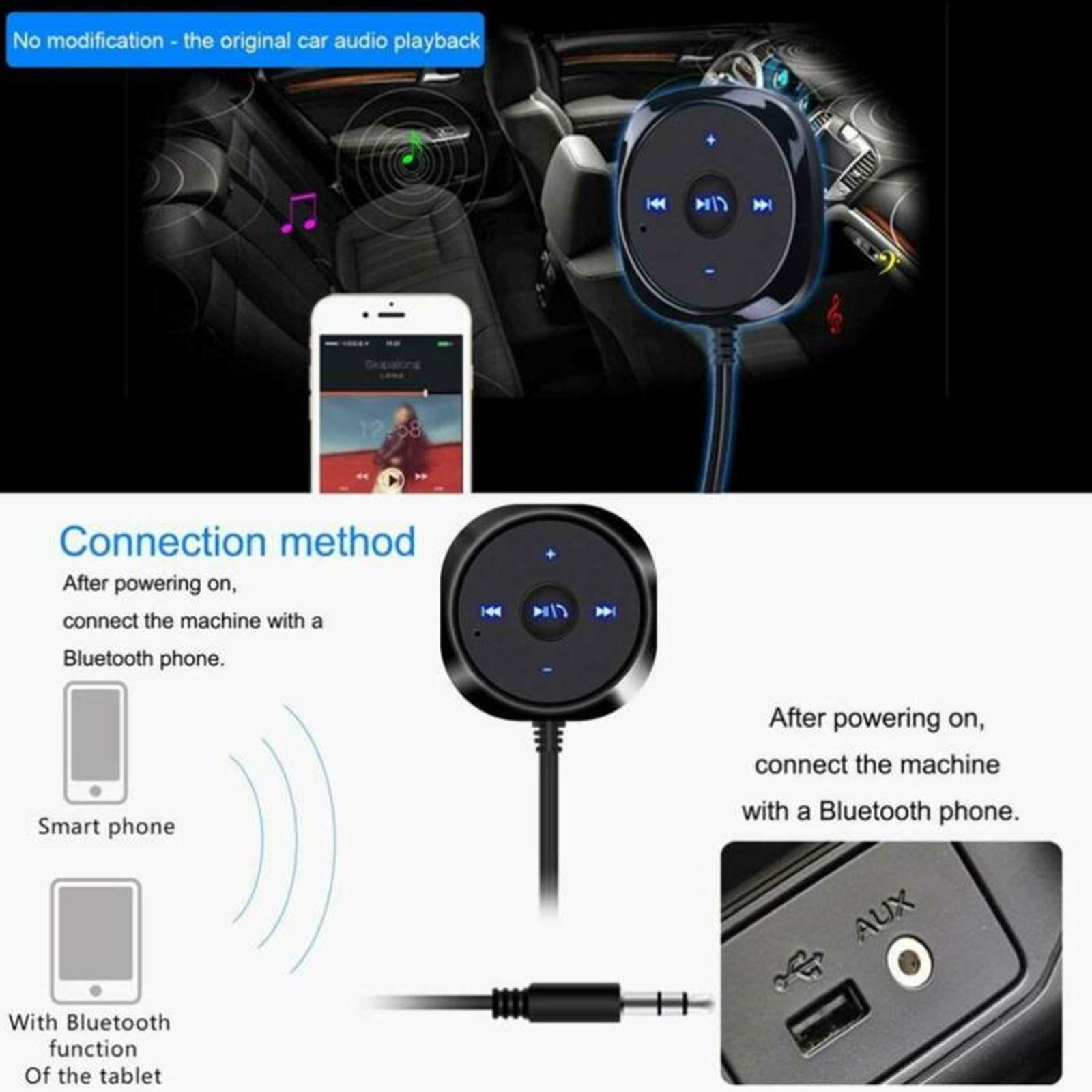 Diagramm, das ein Bluetooth-Auto-Kit zeigt, das mit einem Smartphone und einem Tablet verbunden ist, mit AUX-Anschluss.