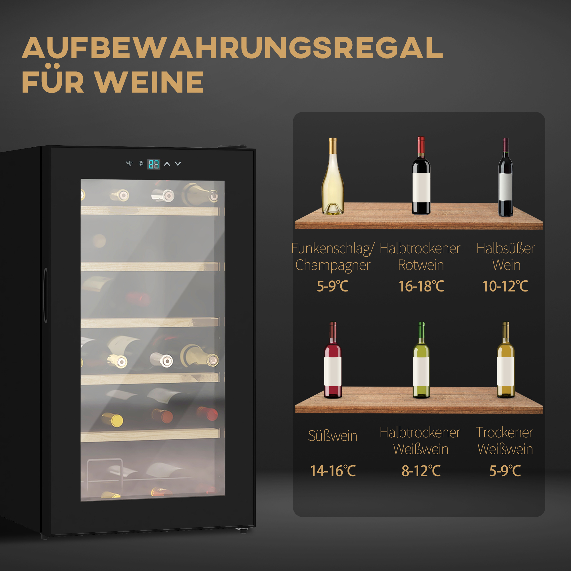 Schwarzer Weinkühler mit Weinflaschen. Text mit Weinsorten und Temperaturen. Dunkler Hintergrund.