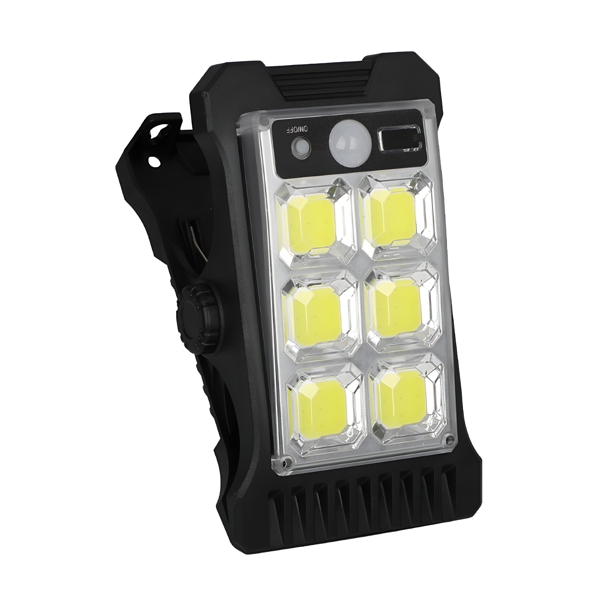 Schwarze und silberne Solarlampe. Es hat einen Griff, sechs helle LEDs und einen Bewegungssensor.