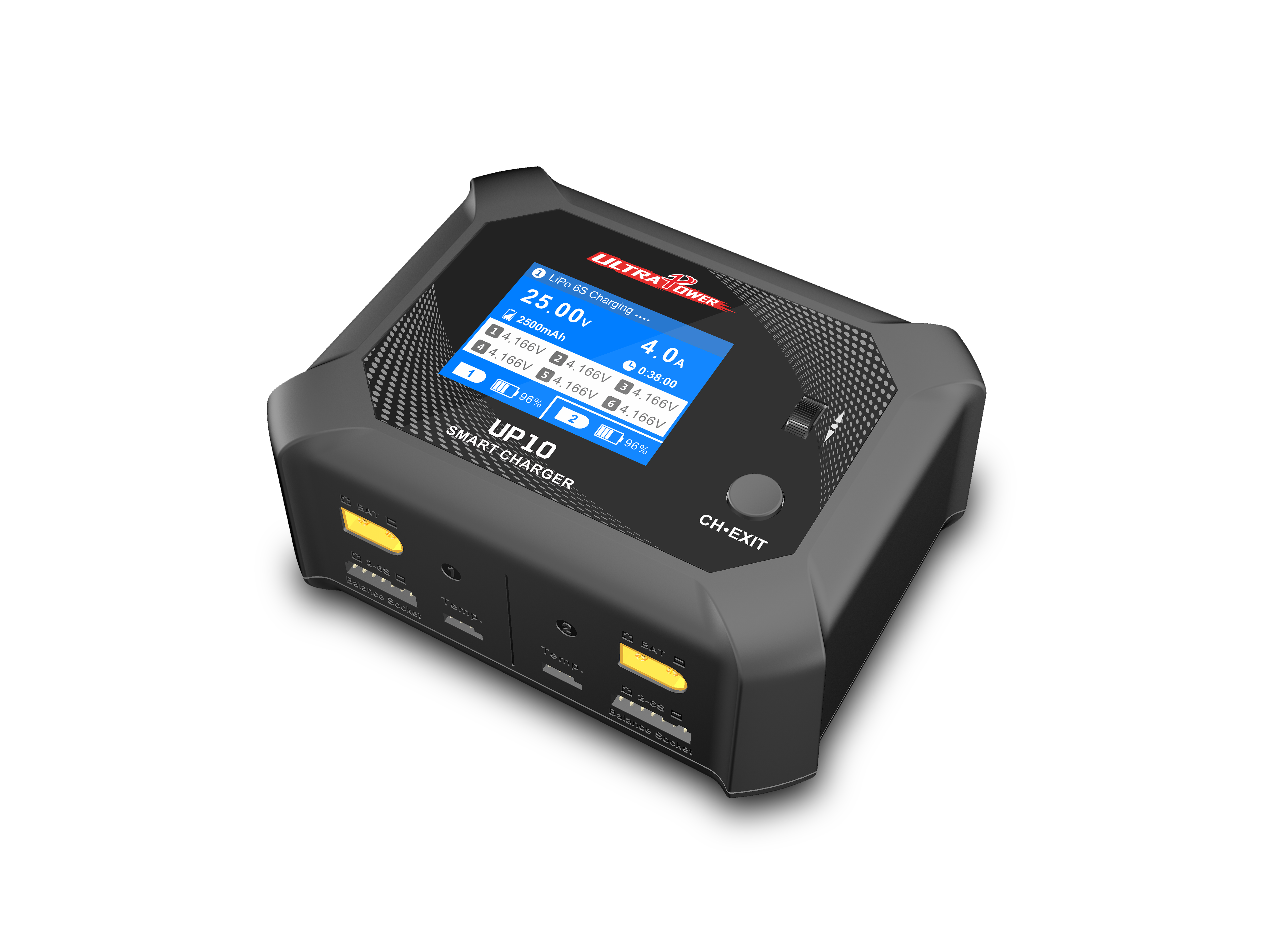 Schwarzes Smart-Ladegerät mit Bildschirm, der Batterieinfos anzeigt, und zwei gelben Anschlüssen.