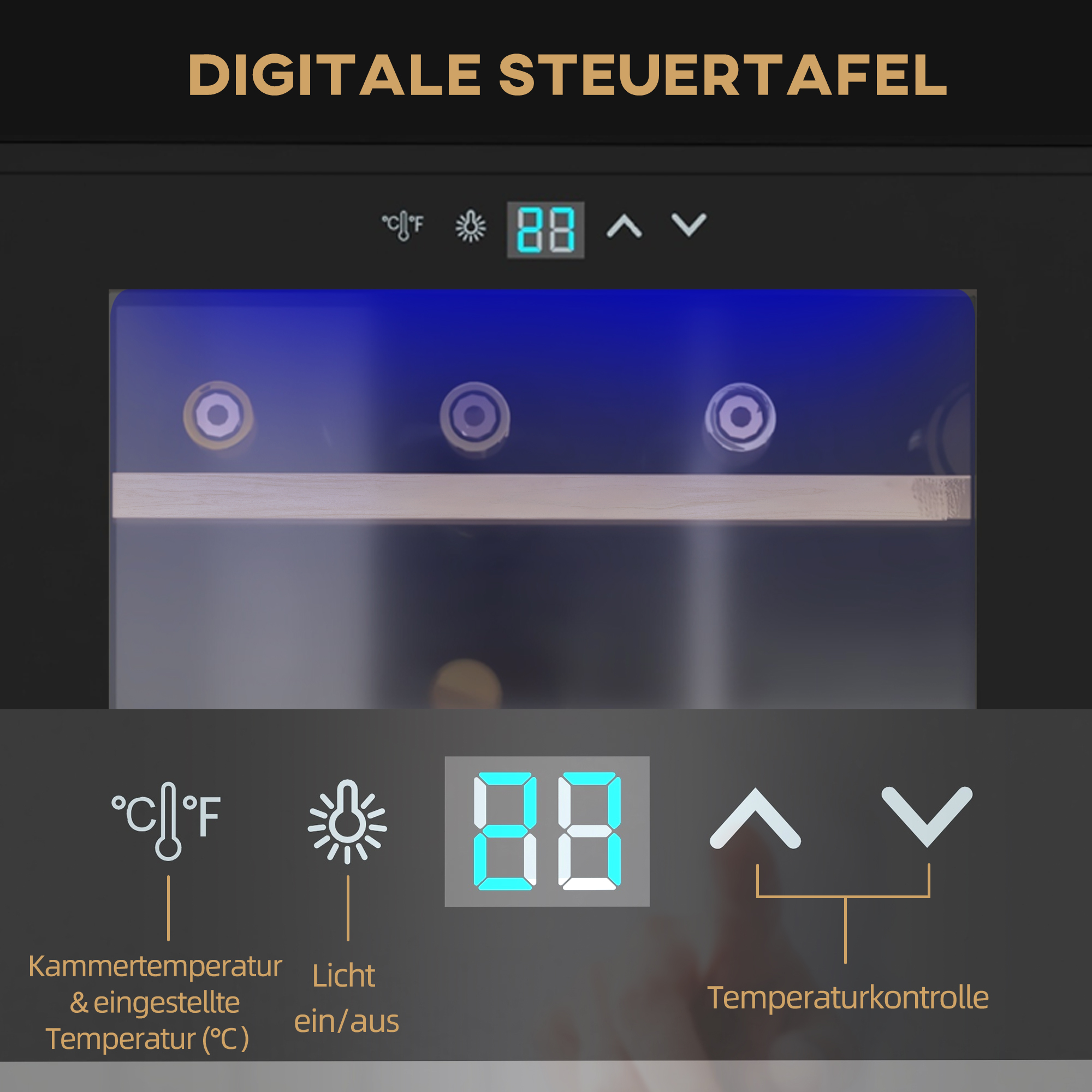 Digitalanzeige eines Weinkühlers mit Temperatur und Bedienelementen, dunkler Hintergrund.