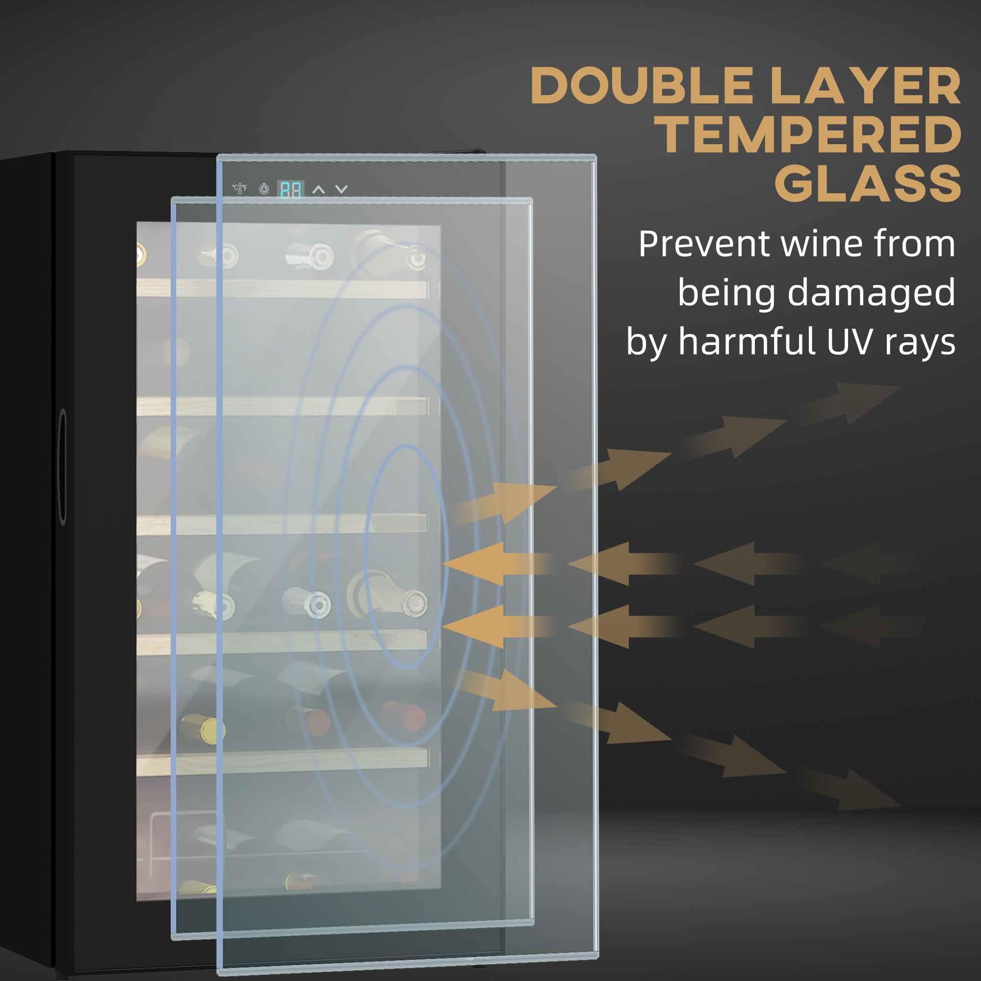 Doppelschichtiger Glas-Weinkühler mit Flaschen. Pfeile zeigen UV-Schutz.