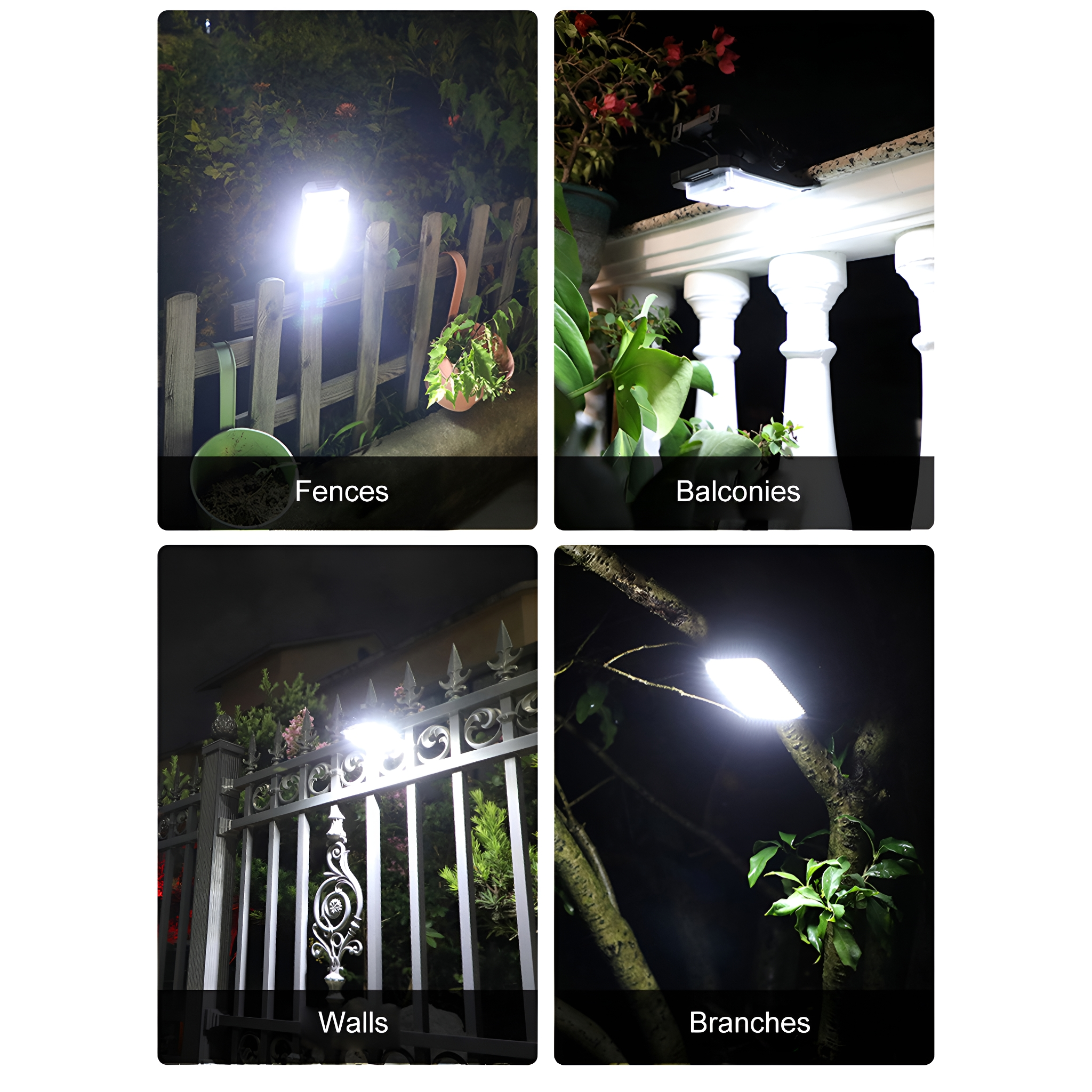 Vier Bilder: Zaun, Balkone, Mauern und Äste, jeweils beleuchtet von Außenleuchten bei Nacht.