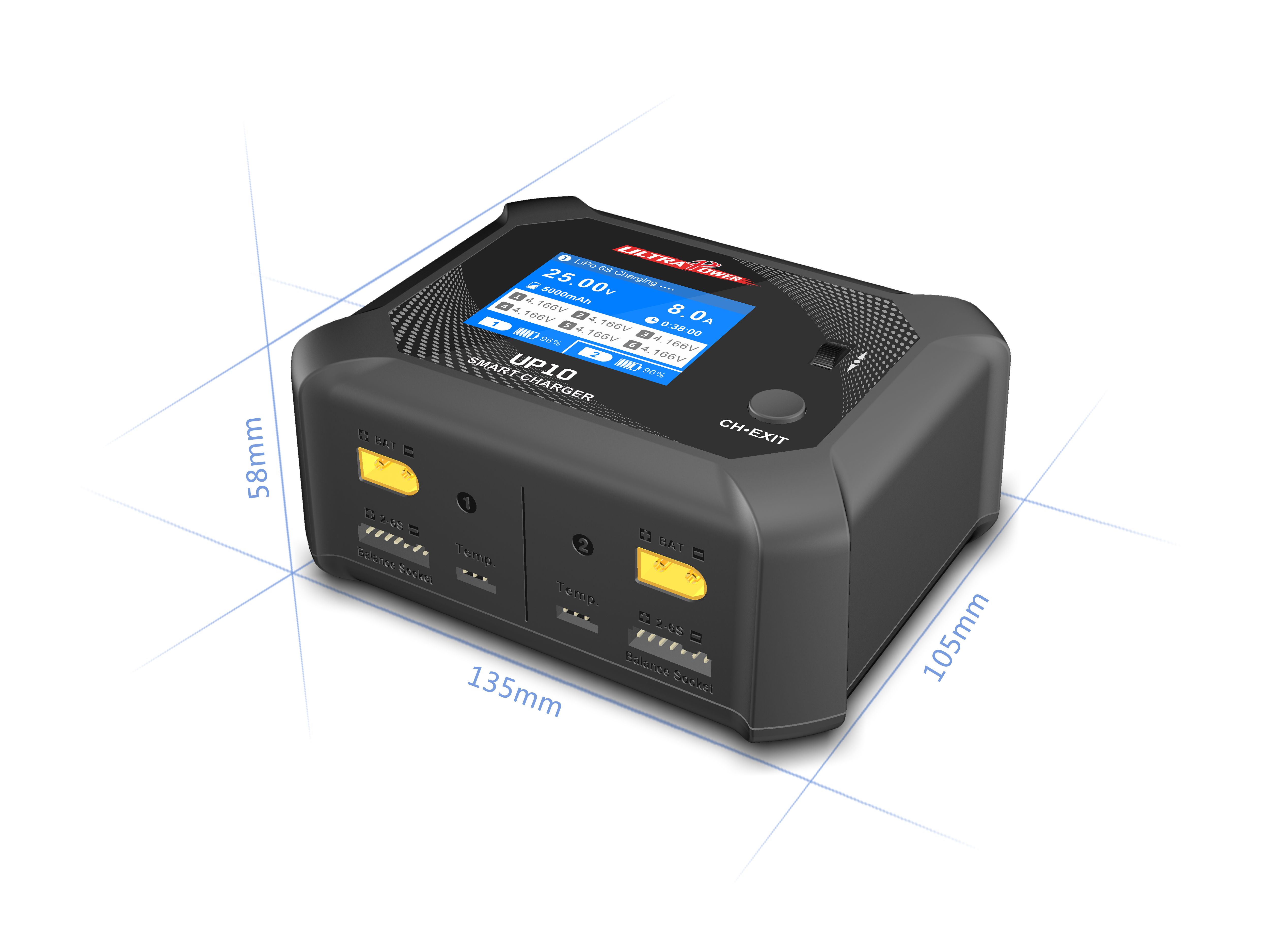 Schwarzes UP10 Smart Charger mit den Maßen: 135mm x 105mm x 58mm. Hat Bildschirm und mehrere Anschlüsse.