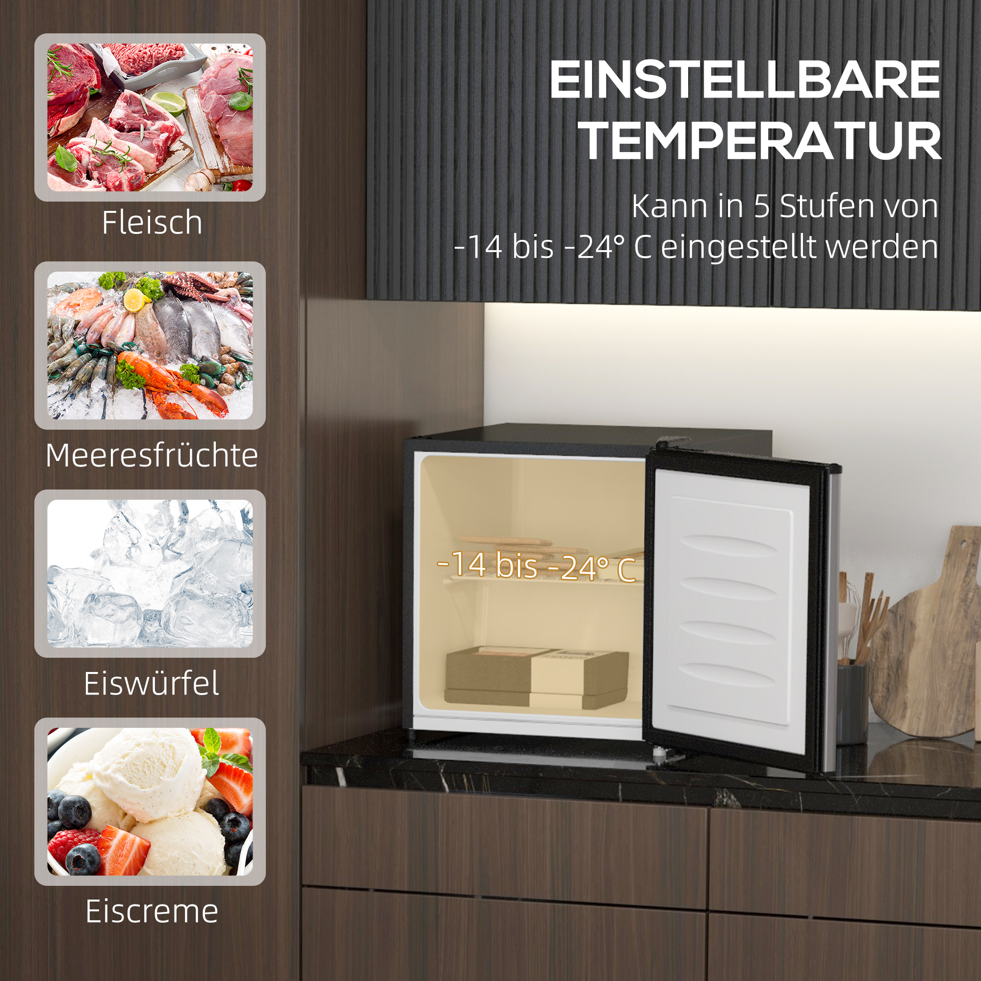 Minikühlschrank mit einstellbaren Temperatureinstellungen, der Artikel wie Fleisch, Meeresfrüchte, Eiscreme zeigt.