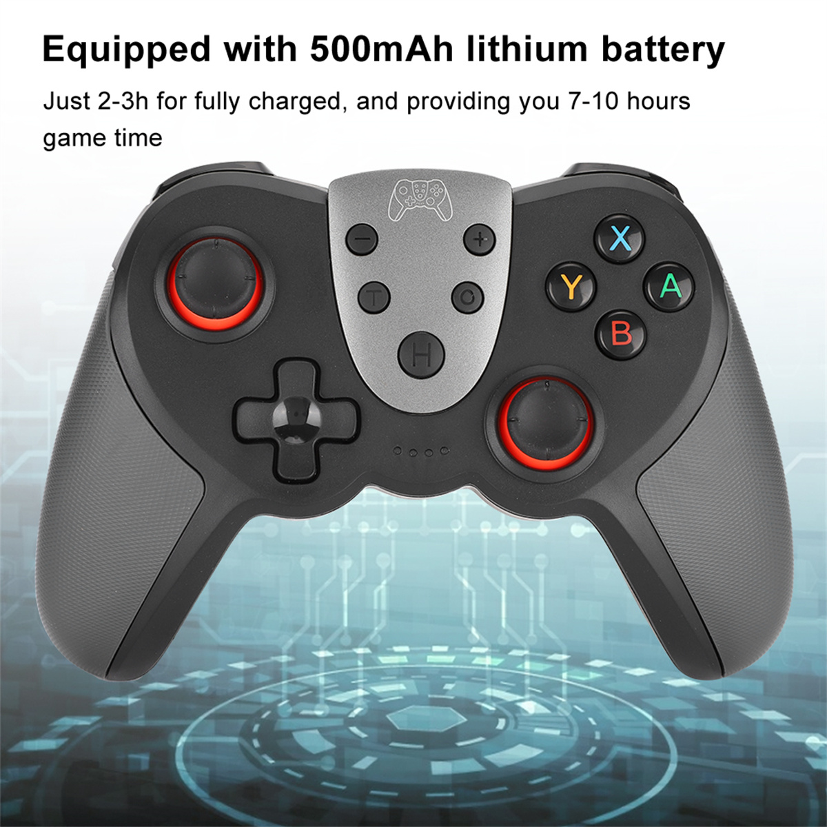 Ein schwarz-graues Gamepad mit mehreren Tasten und einem Ladeanschluss. Text über Akku.