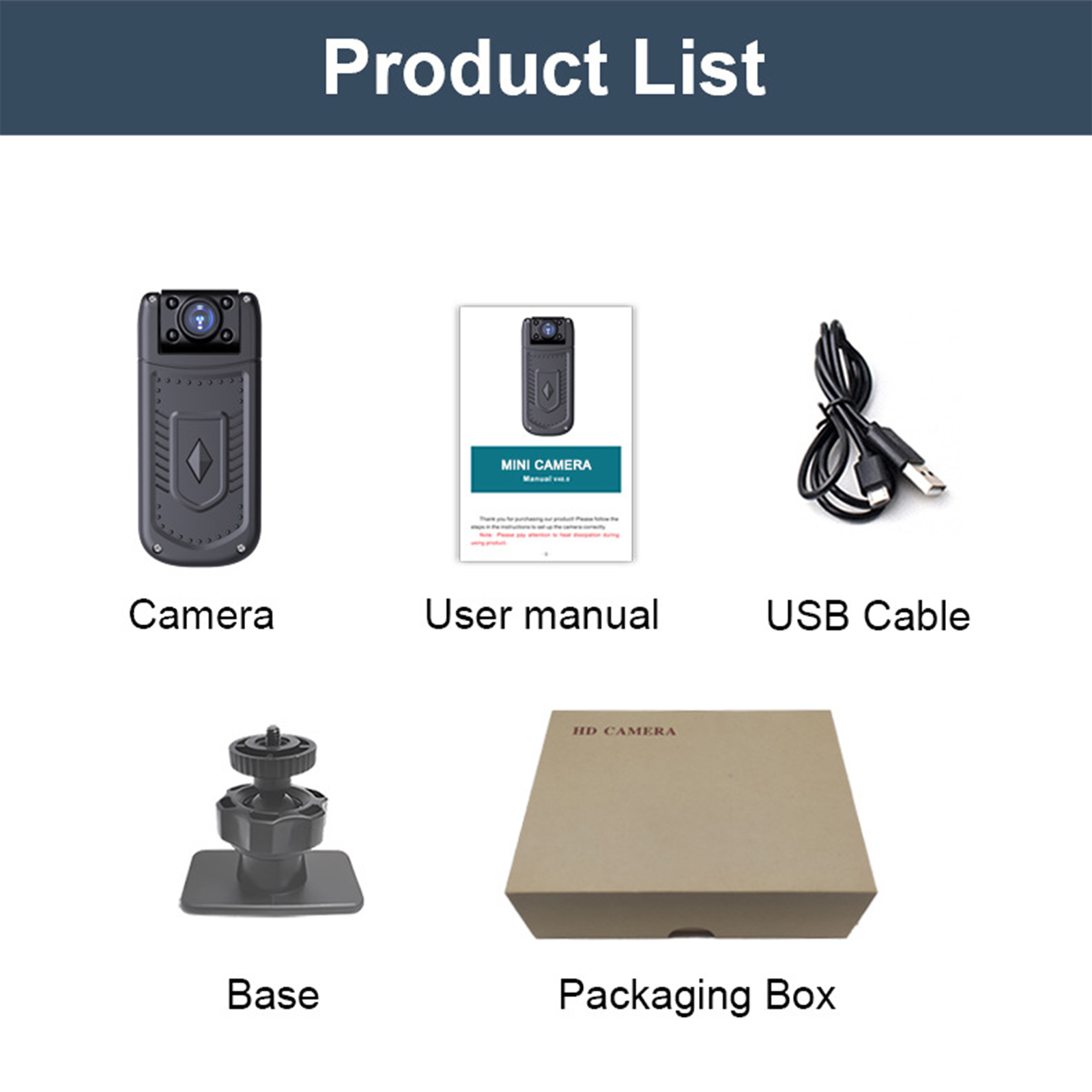 Produktliste: Kamera, Benutzerhandbuch, USB-Kabel, Sockel und Verpackungskarton.