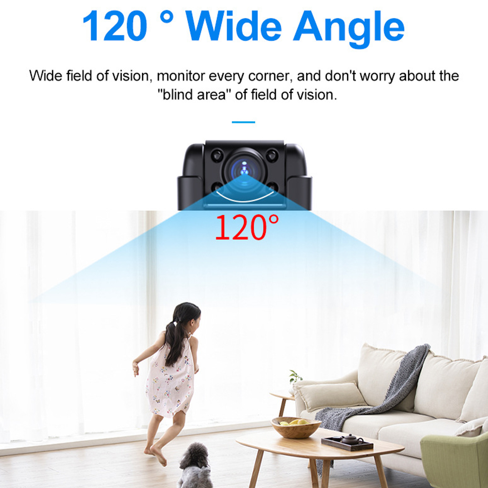 Eine Kamera mit 120° Weitwinkel, die ein Kind zeigt, das in einem Wohnzimmer mit einem Hund rennt.