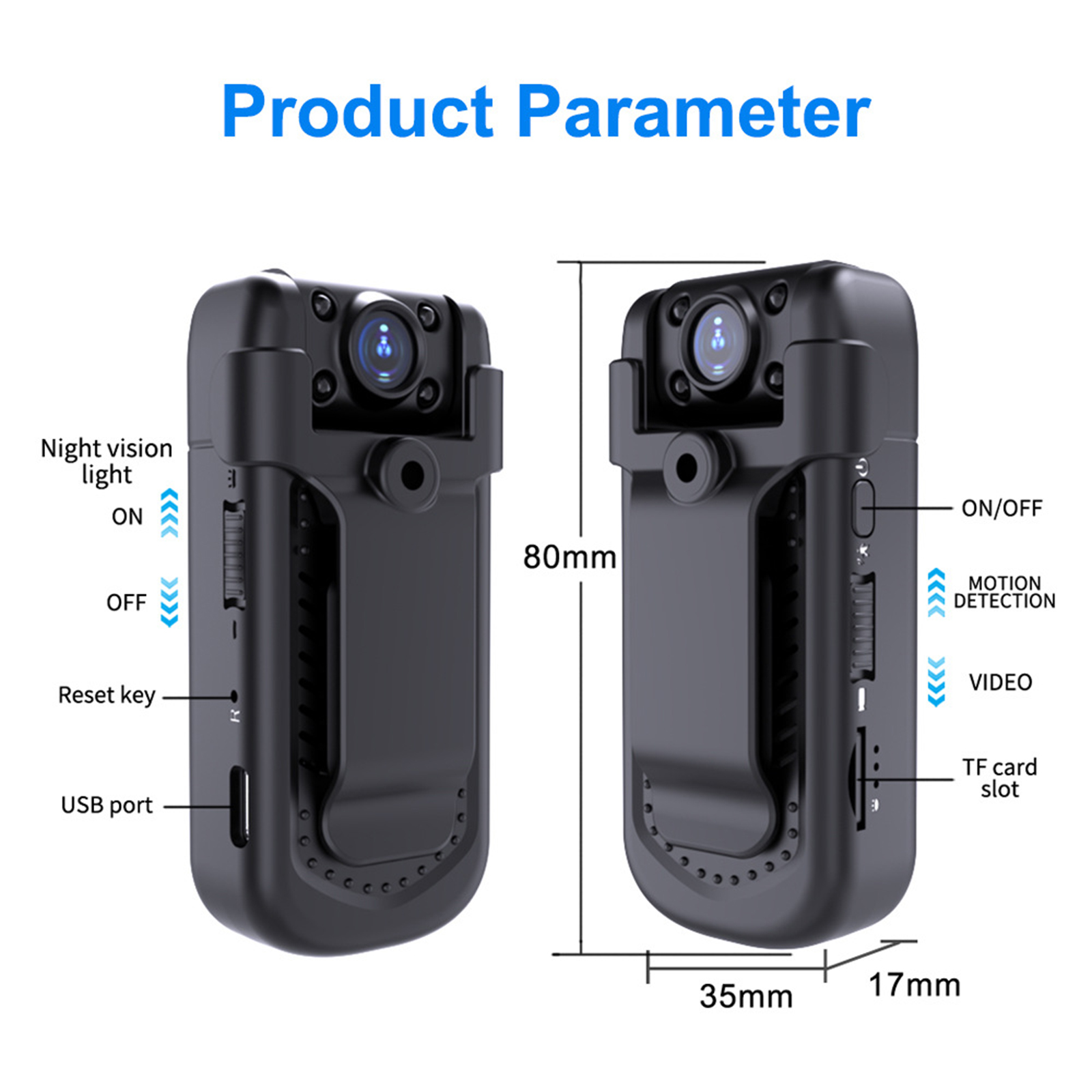 Zwei schwarze Mini-Kameras. Eine Seite hat einen USB-Anschluss und eine Reset-Taste, die andere einen TF-Kartensteckplatz.