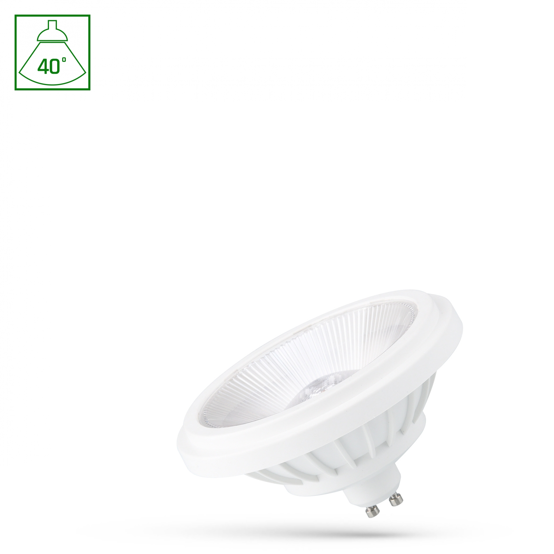 Weiße LED-Glühbirne mit einem Fokuswinkel von 40 Grad. Sie ist nach rechts auf weißem Hintergrund abgewinkelt.