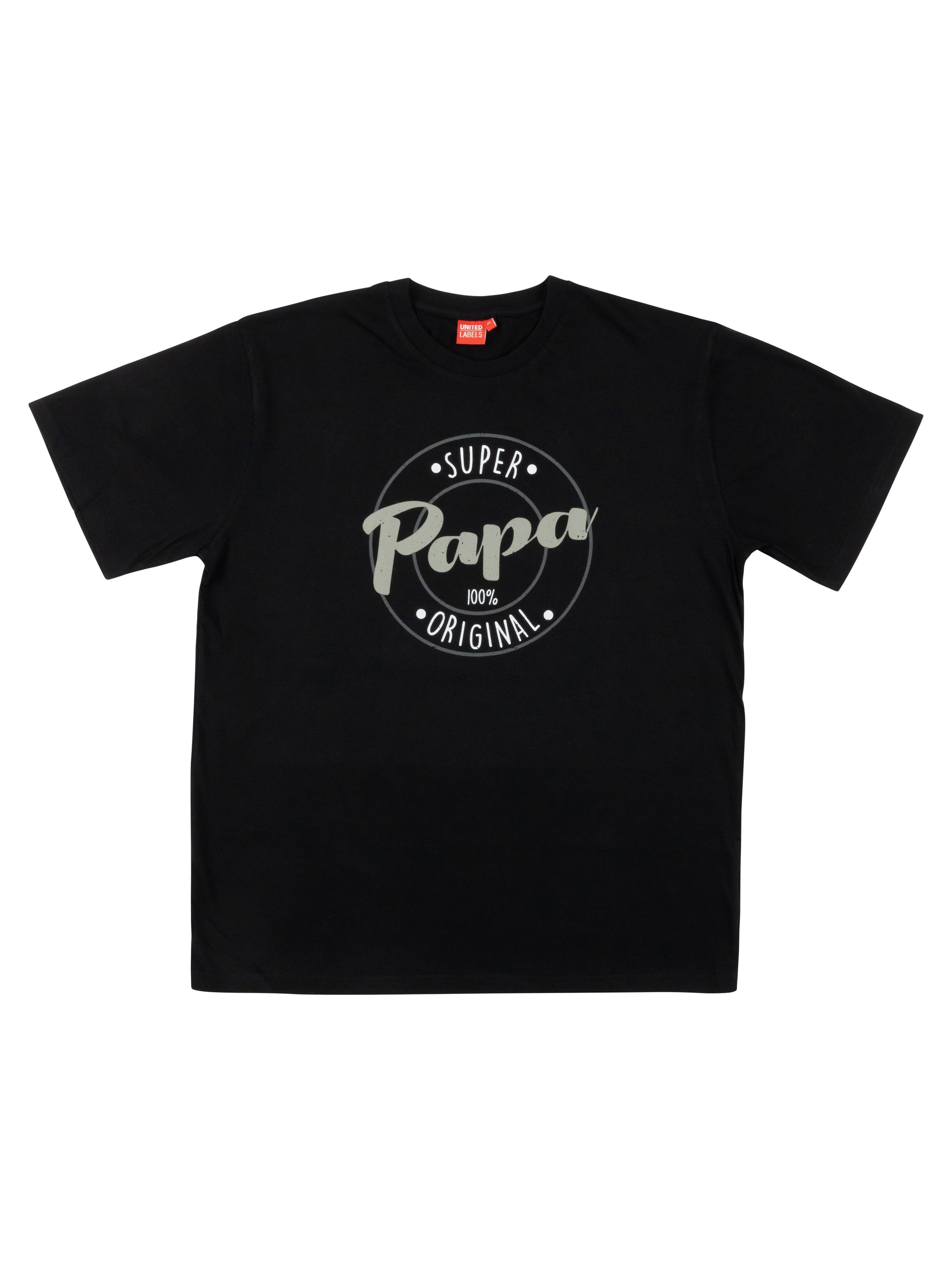 Ein schwarzes T-Shirt mit grauem 'Super Papa'-Design auf weißem Hintergrund.