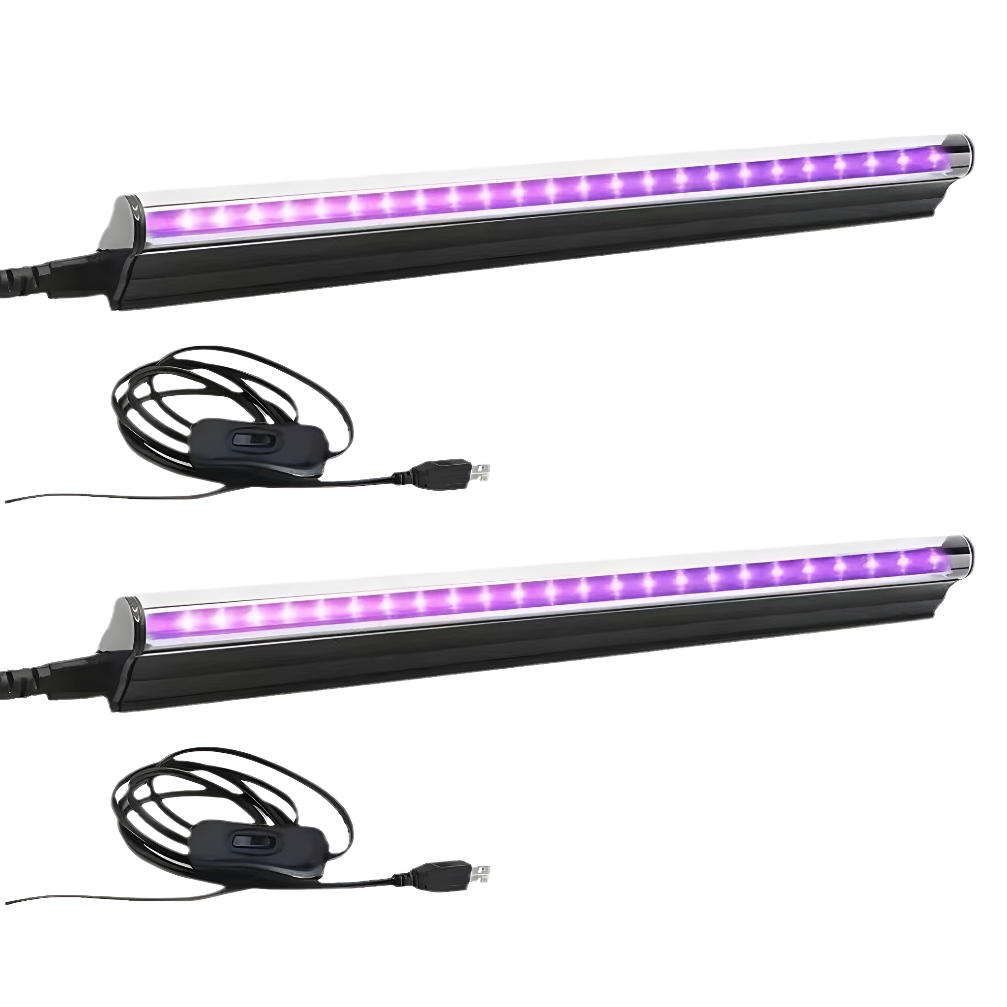 Zwei lange, schwarze UV-Lichter mit Netzschaltern und USB-Kabeln. Weißer Hintergrund.