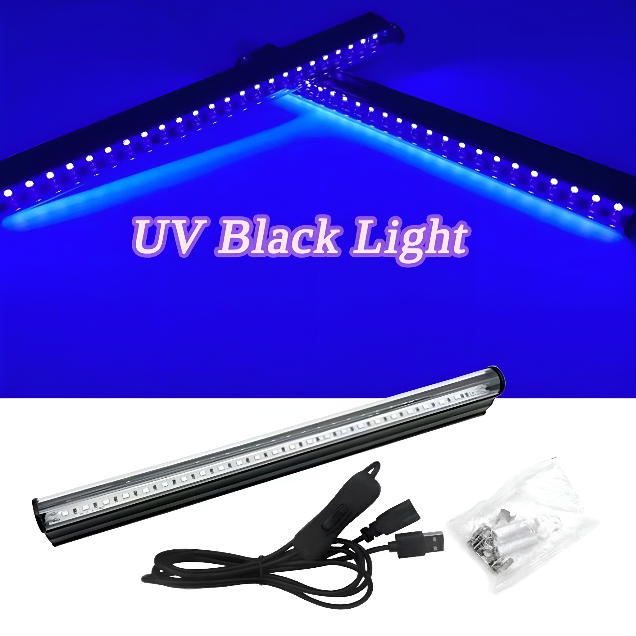 Zwei UV-Schwarzlichter, die blaues Licht aussenden. Ein Satz LEDs, Kabel und Befestigungsmaterial.