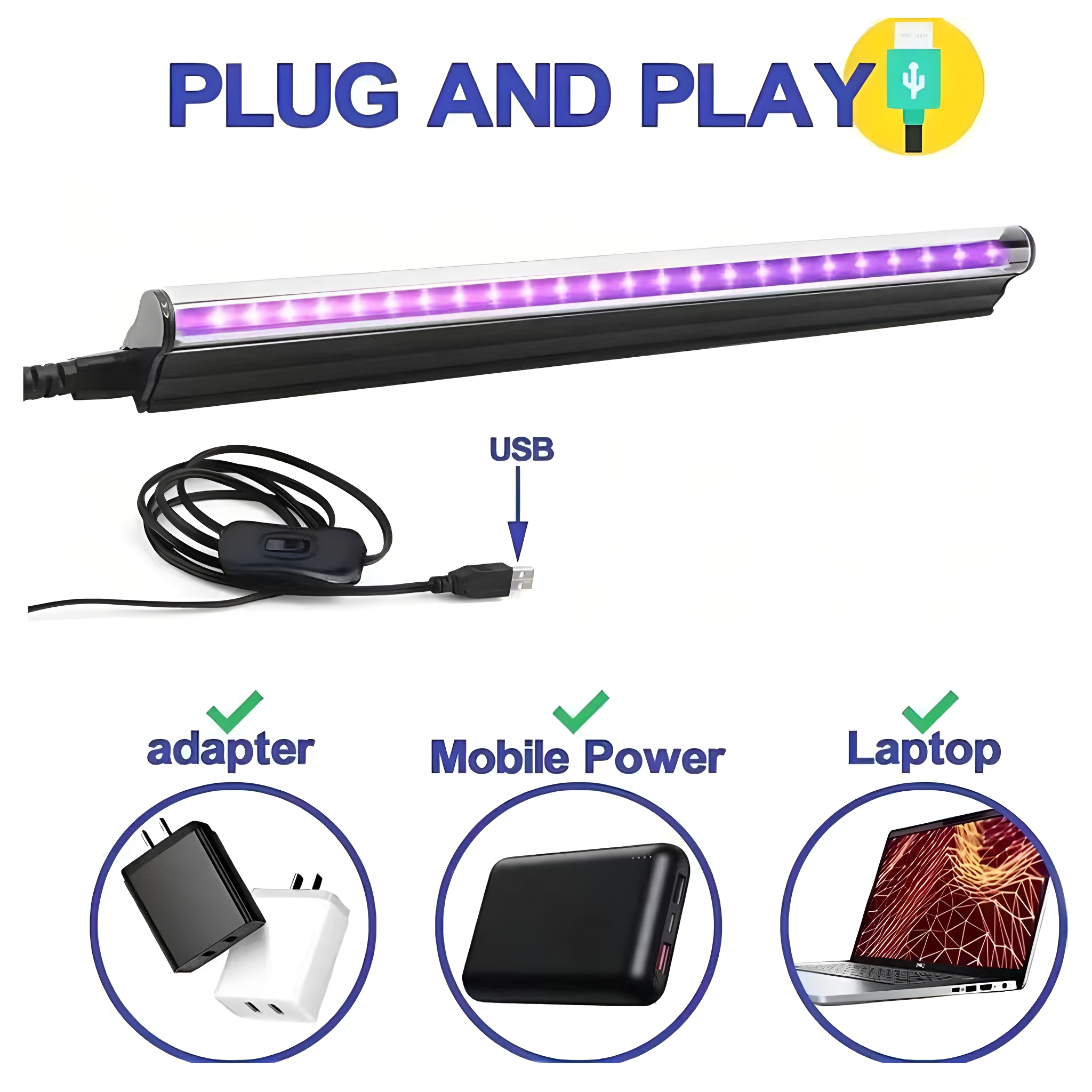 Eine schwarze USB-LED-Leuchte mit drei Beispielen für die Verwendung: mit Adapter, Powerbank und Laptop.