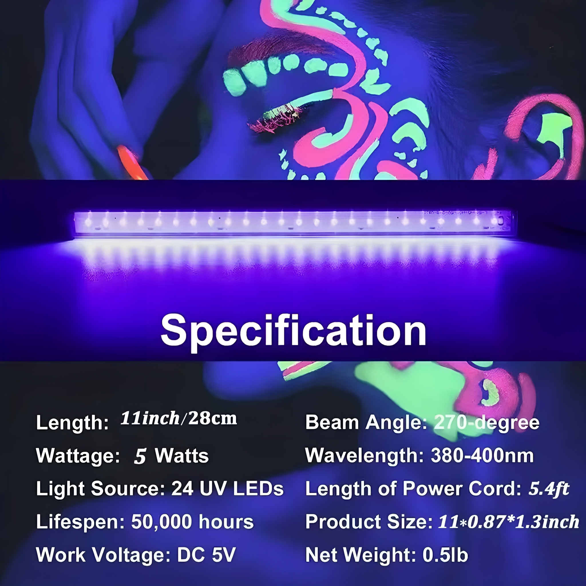 UV-Licht mit Spezifikationen. Es ist ein langes, rechteckiges Licht mit schwarzem Hintergrund. Text gibt Spezifikationen an.
