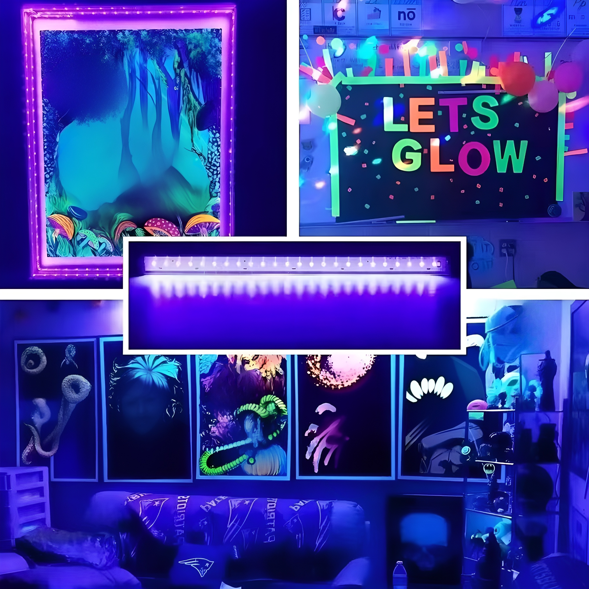 Ein Raum mit verschiedenen leuchtenden Neon-Kunstwerken und Dekorationen.