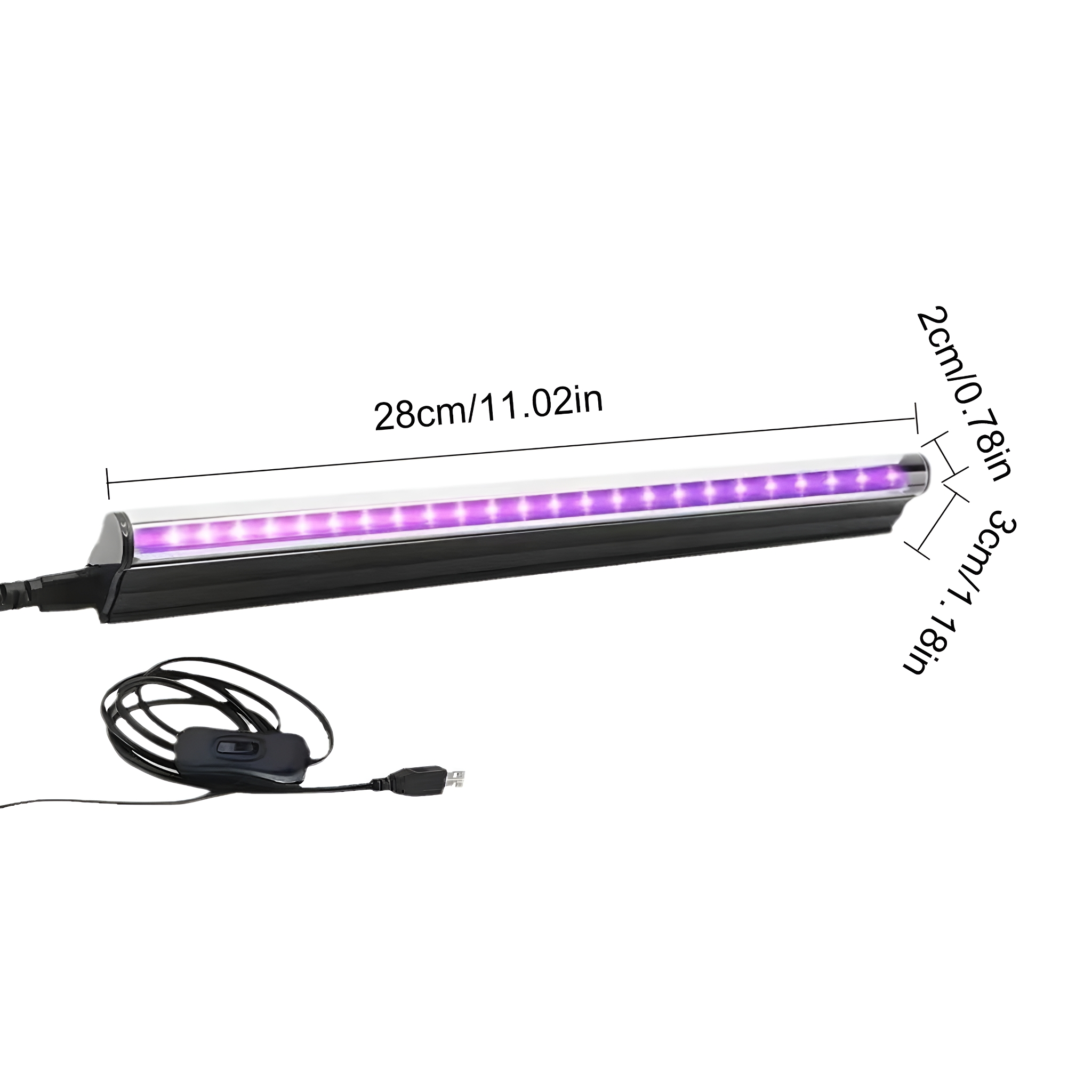 Eine lange schwarze UV-Lampe mit Abmessungen und Netzkabel.